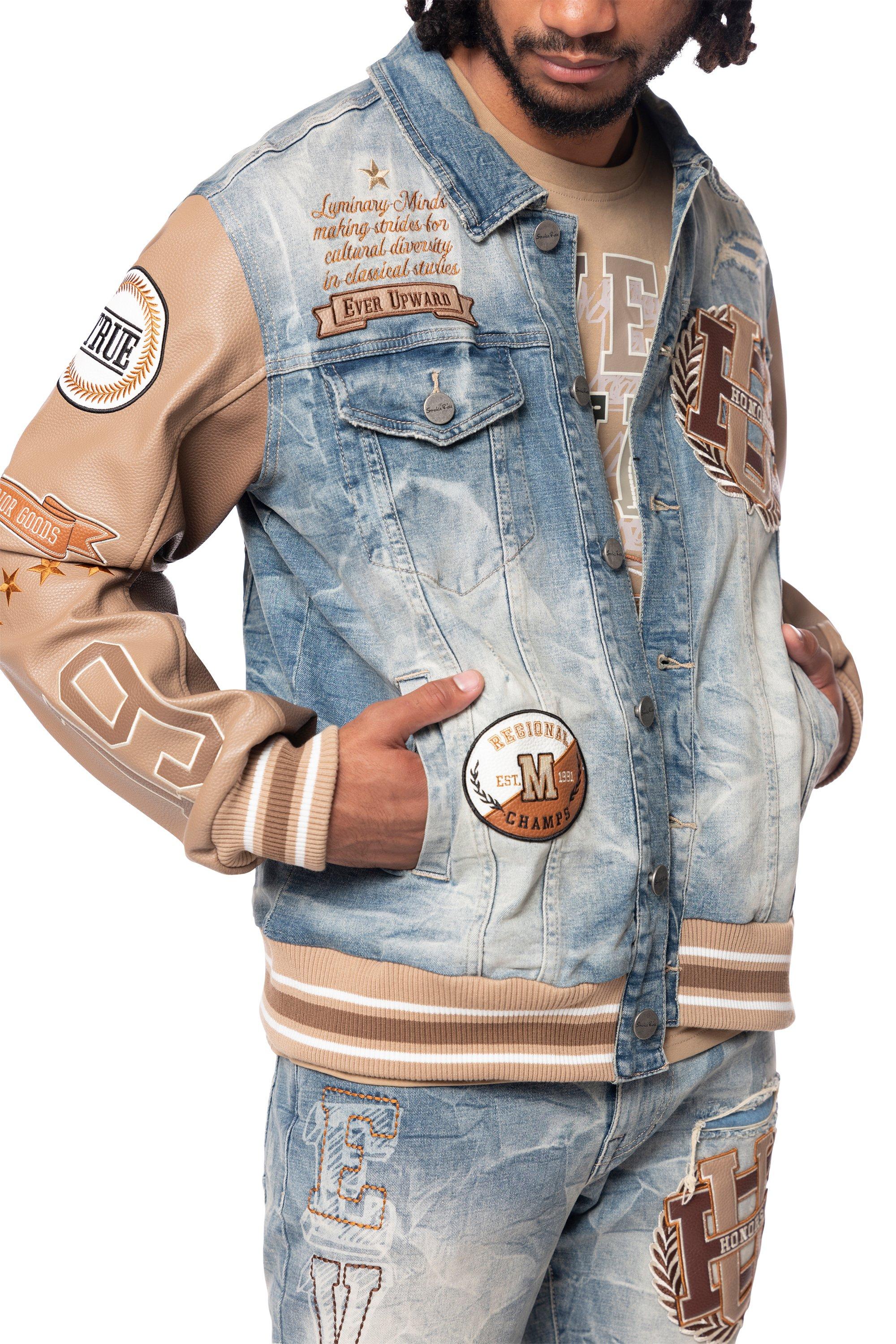 Smoke Rise Men's Varsity Denim Jacket - Blue/Brown - BROWN Thumbnail View 3