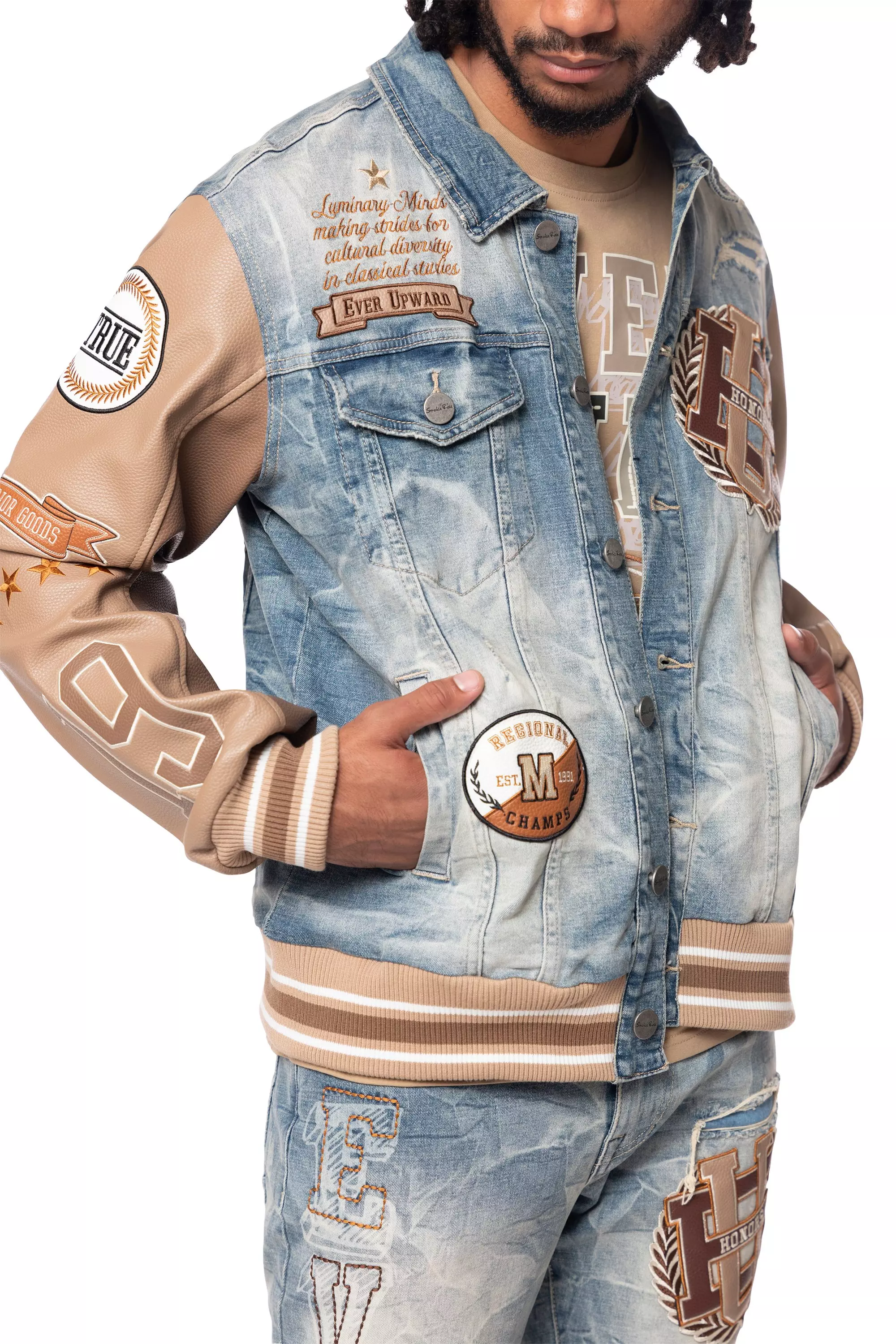 Smoke Rise Men's Varsity Denim Jacket - Blue/Brown - BROWN