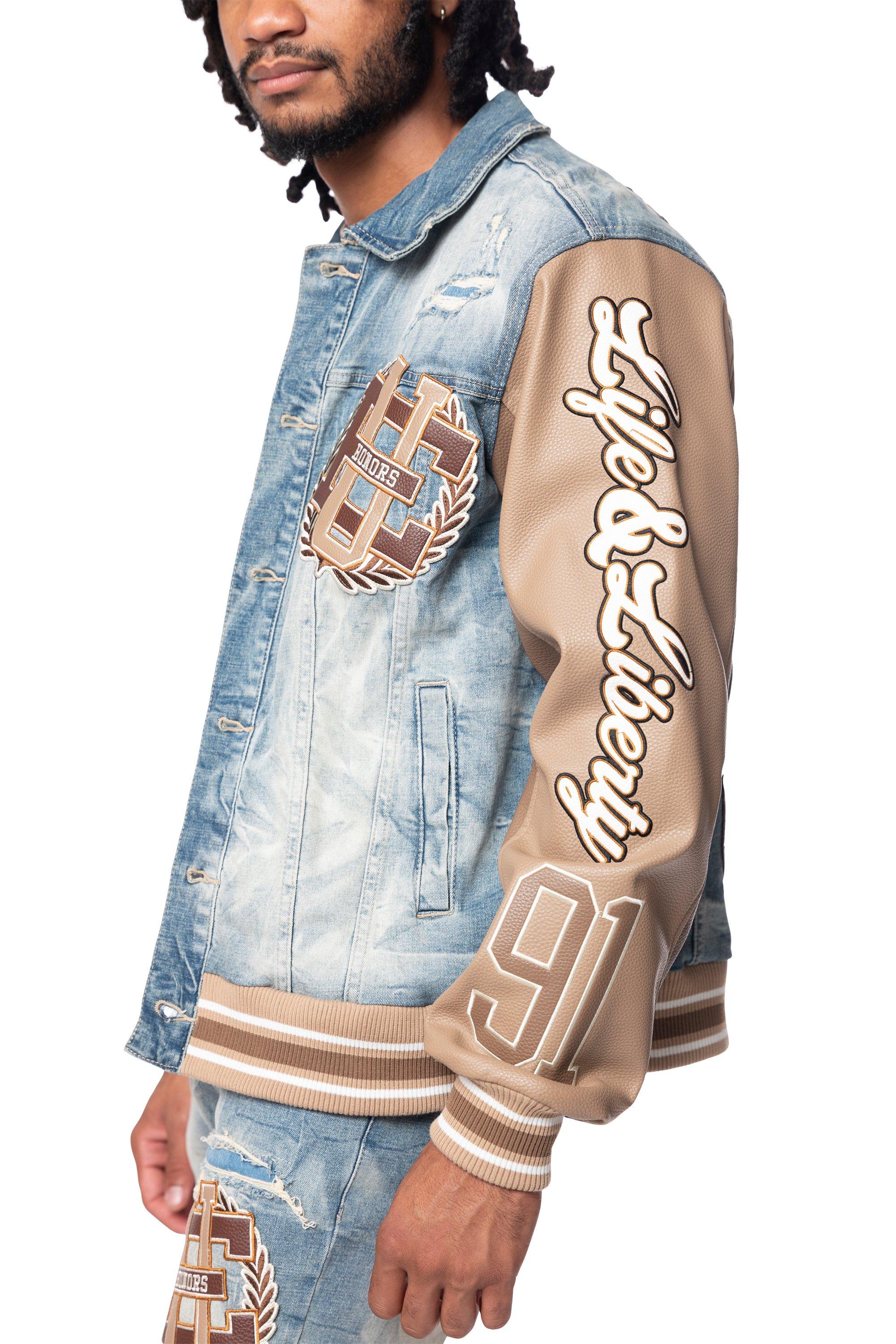 Smoke Rise Men's Varsity Denim Jacket - Blue/Brown - BROWN Thumbnail View 4