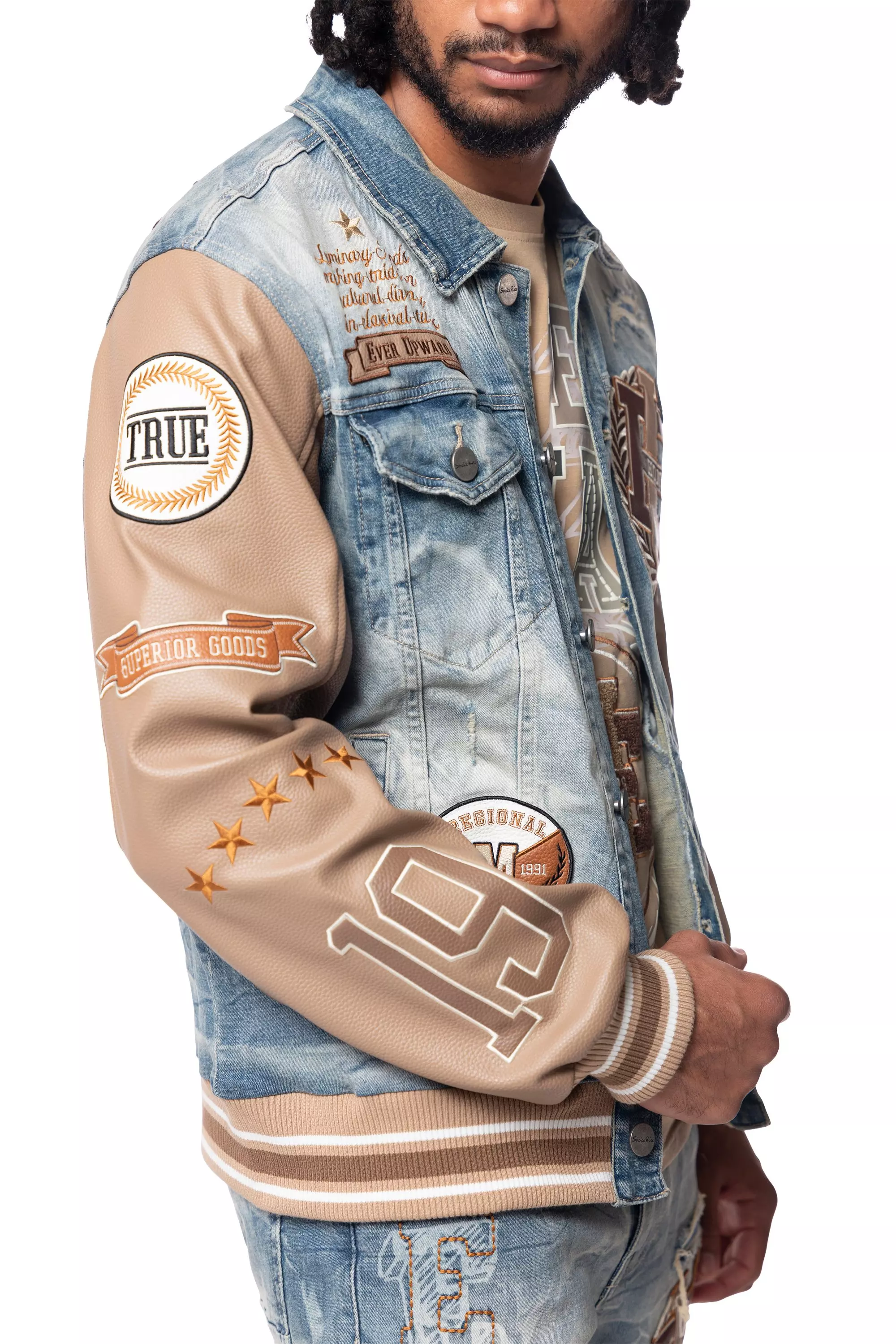 Smoke Rise Men's Varsity Denim Jacket - Blue/Brown - BROWN