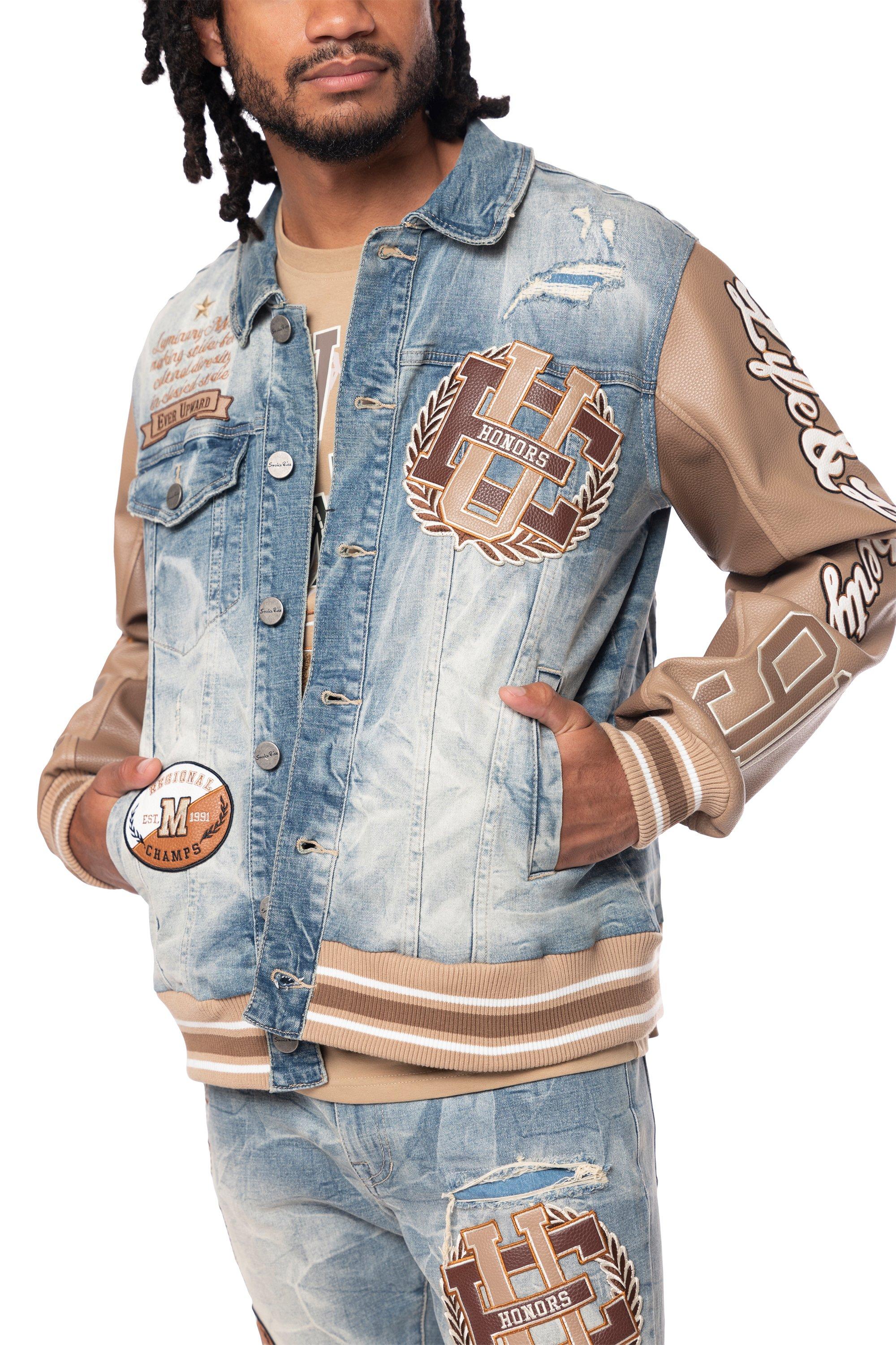 Smoke Rise Men's Varsity Denim Jacket - Blue/Brown - BROWN Thumbnail View 6