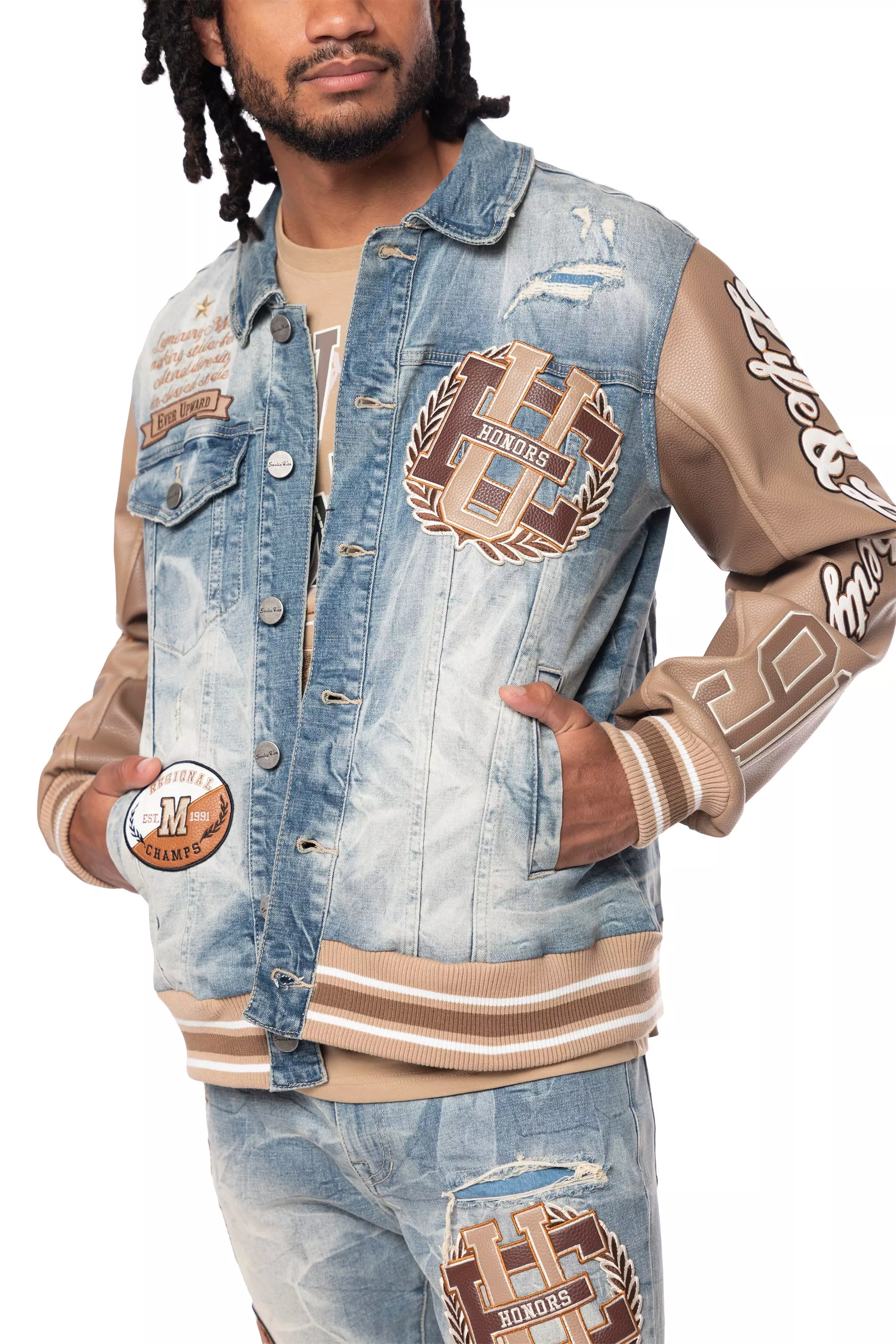 Smoke Rise Men's Varsity Denim Jacket - Blue/Brown - BROWN