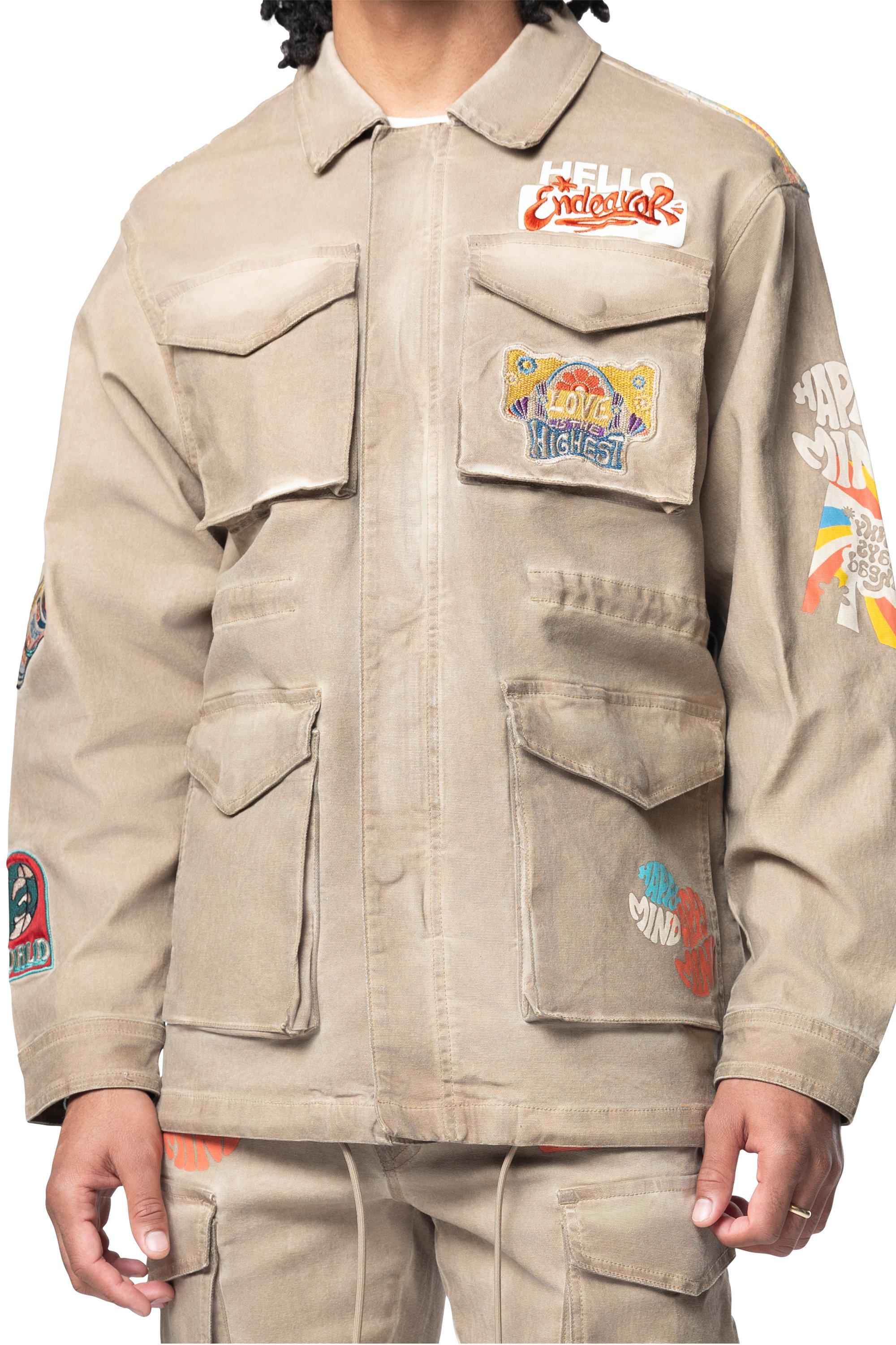 Smoke Rise Groovy Doodle Men's Graphic Denim Jacket - Khaki
