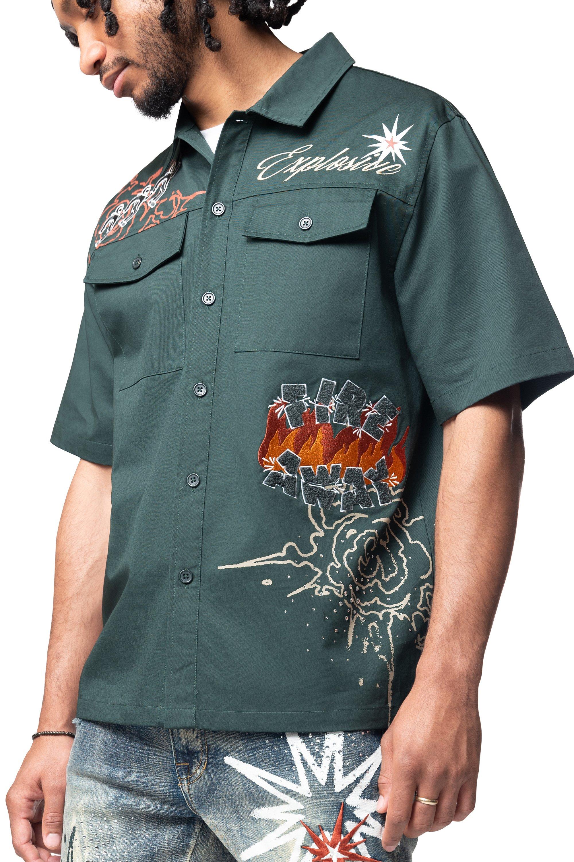 Smoke Rise Men's Explosive Woven Button Down - GREEN Thumbnail View 1