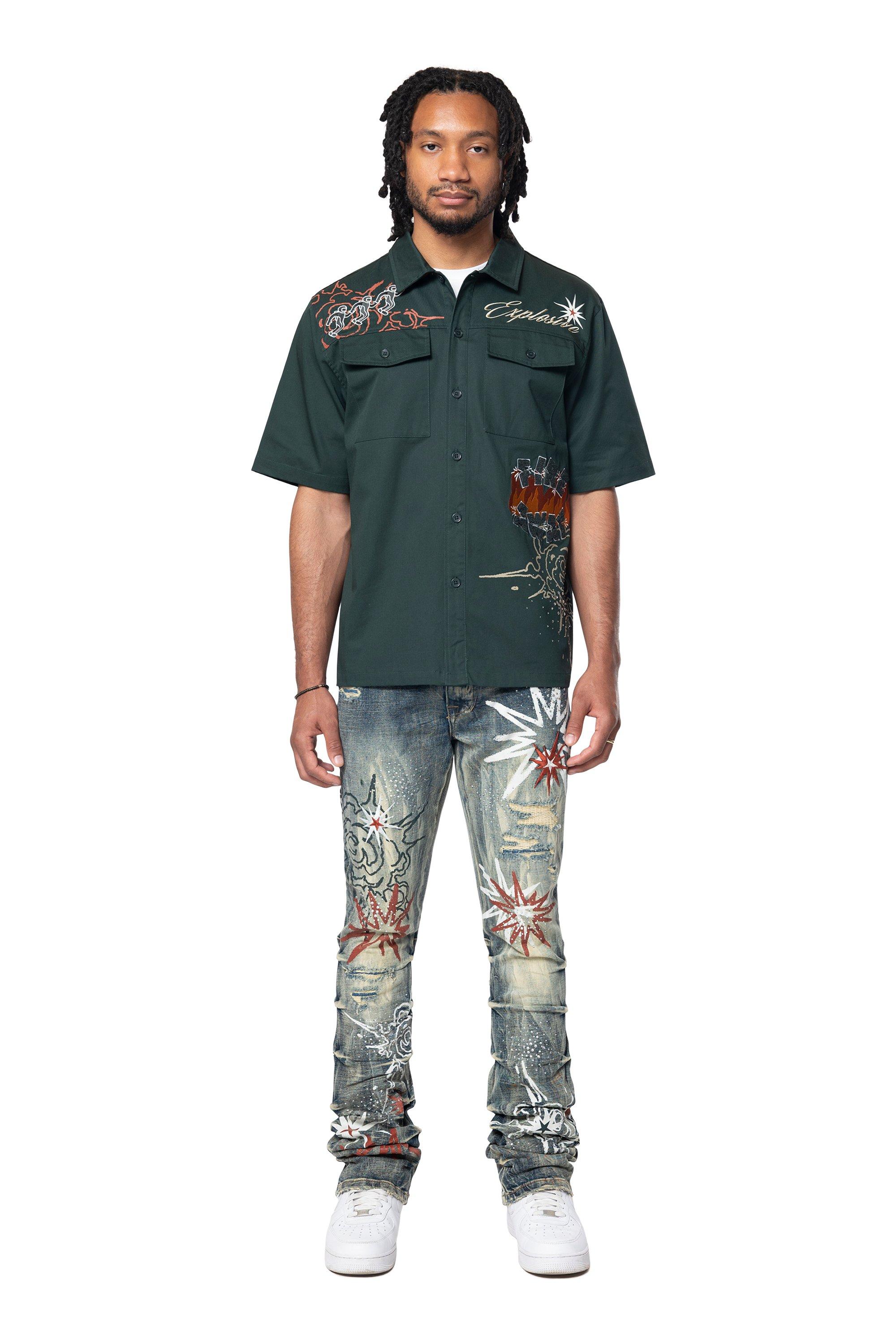 Smoke Rise Men's Explosive Woven Button Down - GREEN Thumbnail View 3