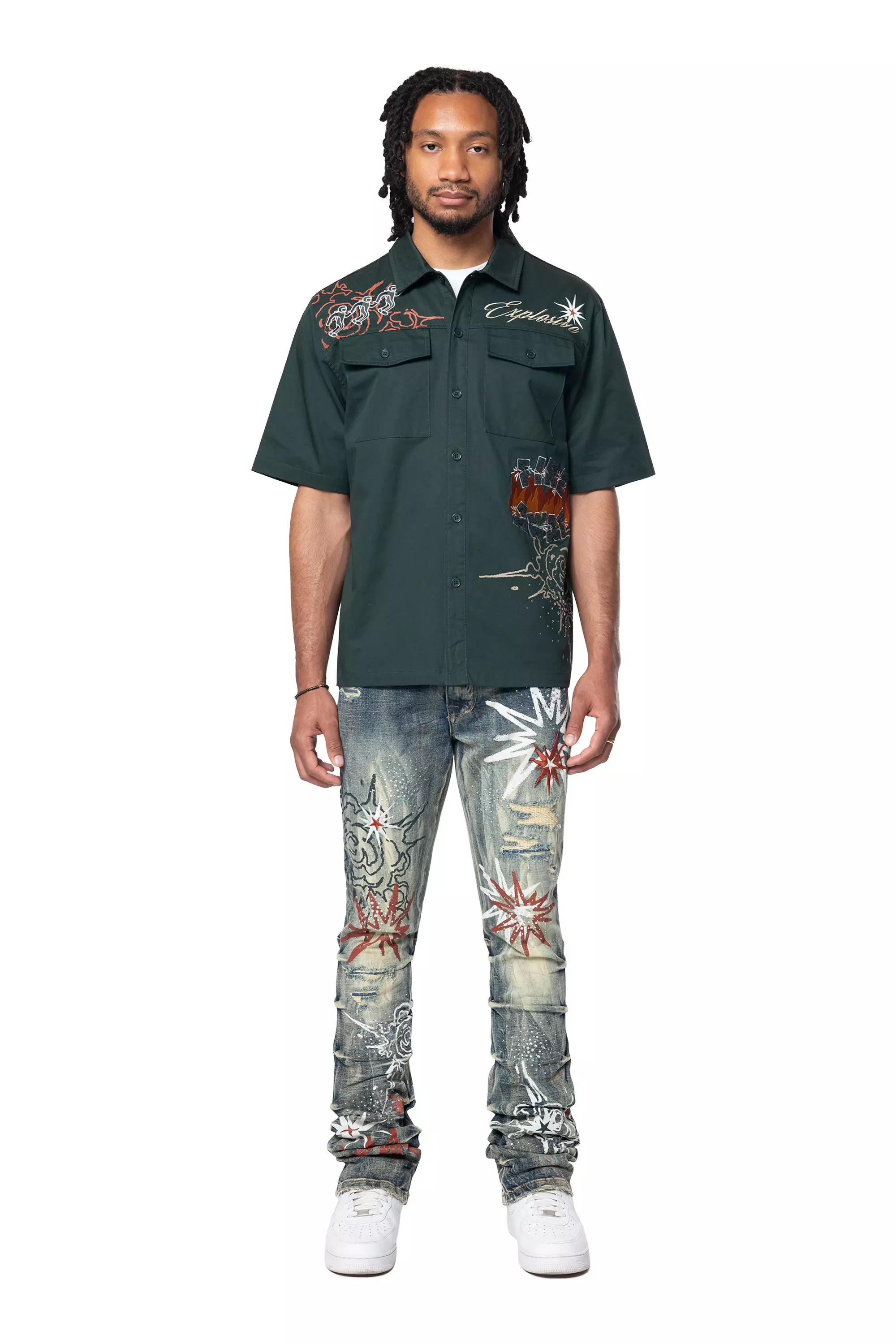 Smoke Rise Men's Explosive Woven Button Down - GREEN