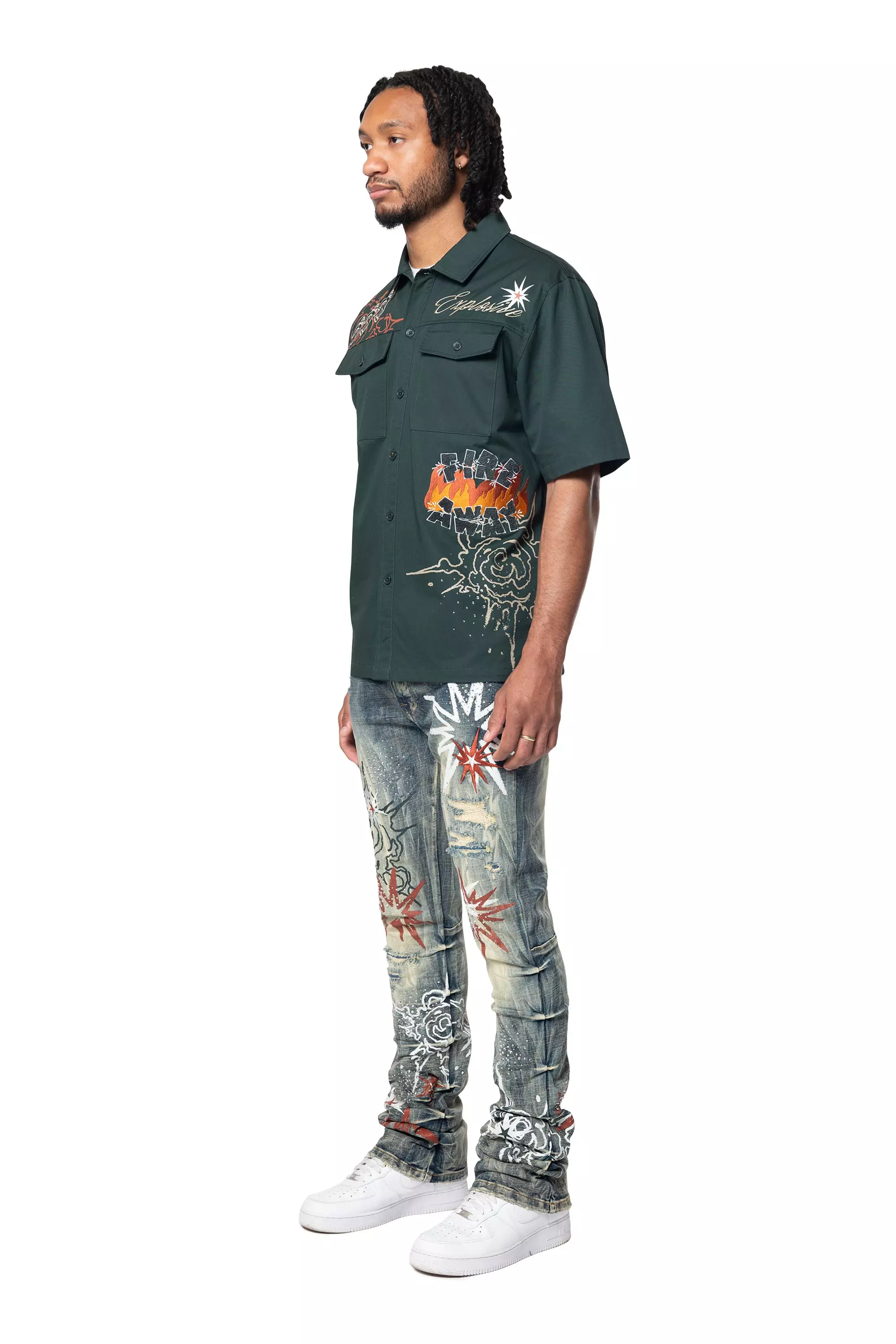 Smoke Rise Men's Explosive Woven Button Down - GREEN