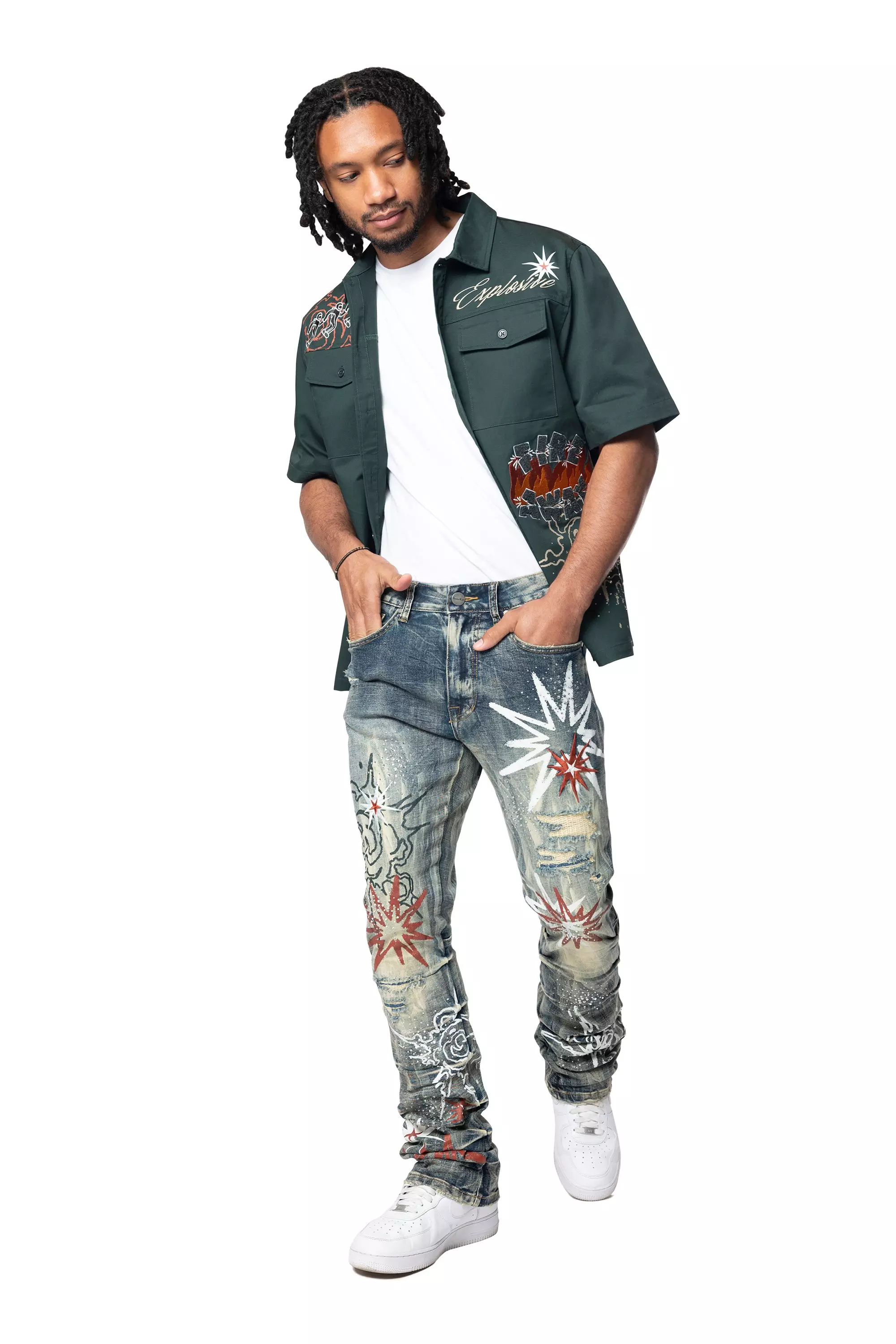 Smoke Rise Men's Explosive Woven Button Down - GREEN