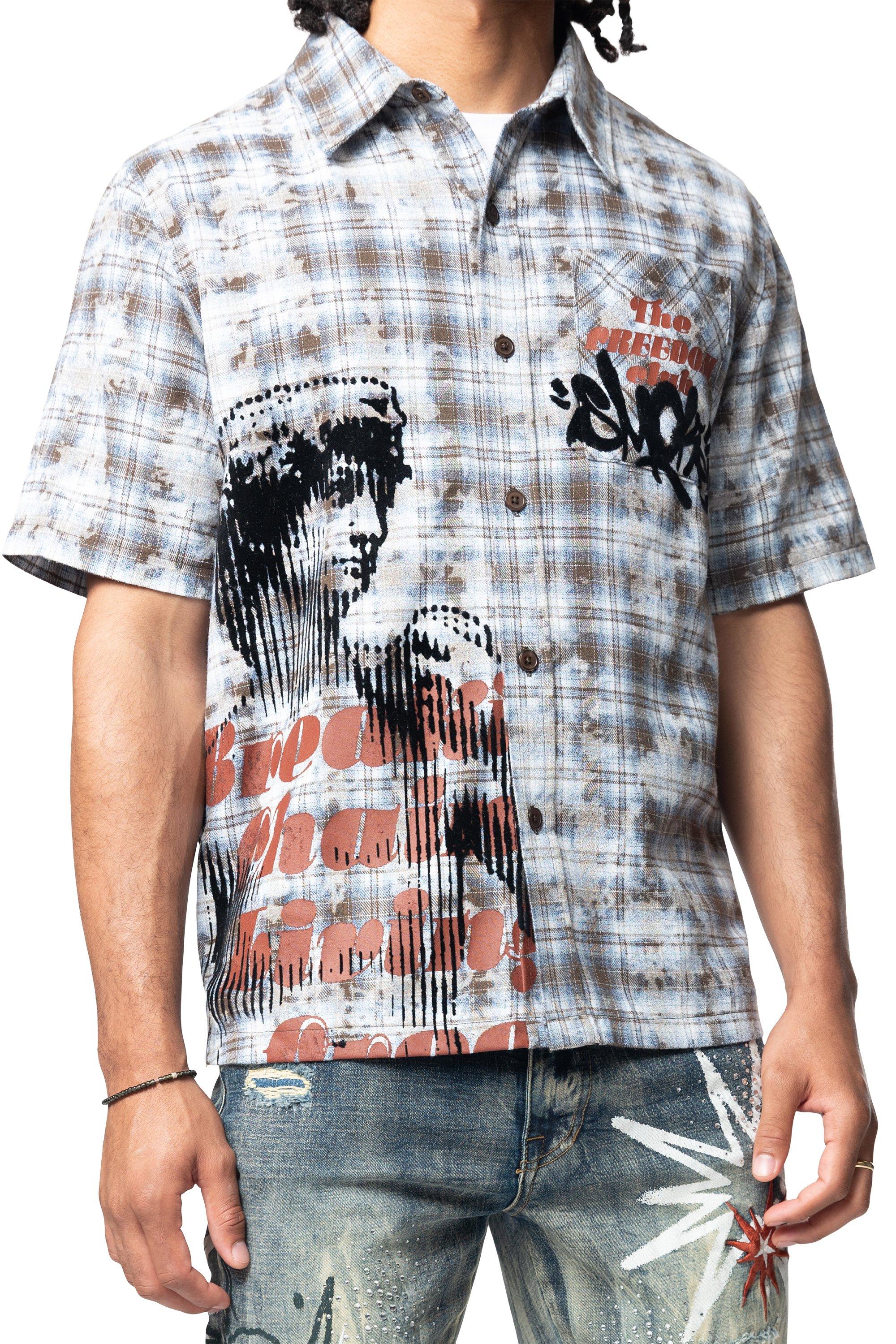 Smoke Rise Men's Plaid Distressed Graffiti Woven Shirt - BLUE Thumbnail View 1