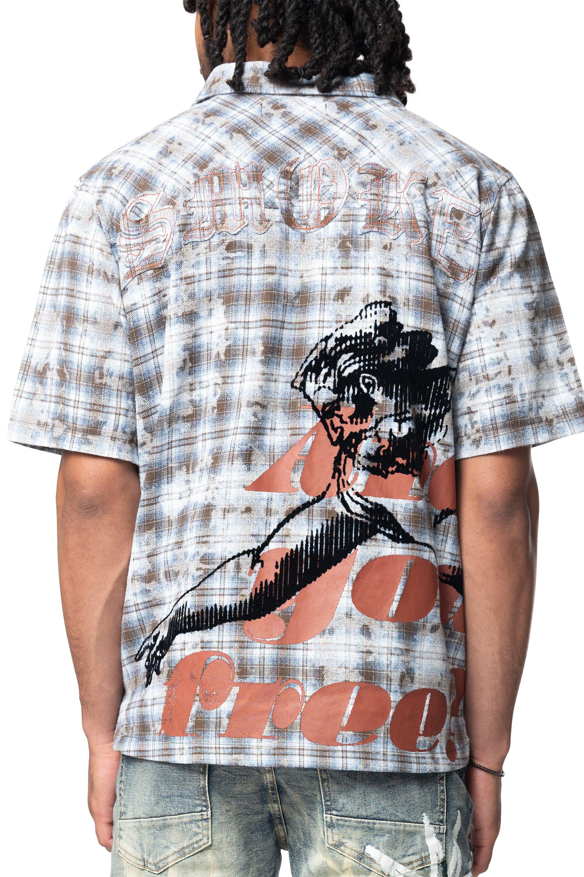 Smoke Rise Men's Plaid Distressed Graffiti Woven Shirt - BLUE Thumbnail View 2