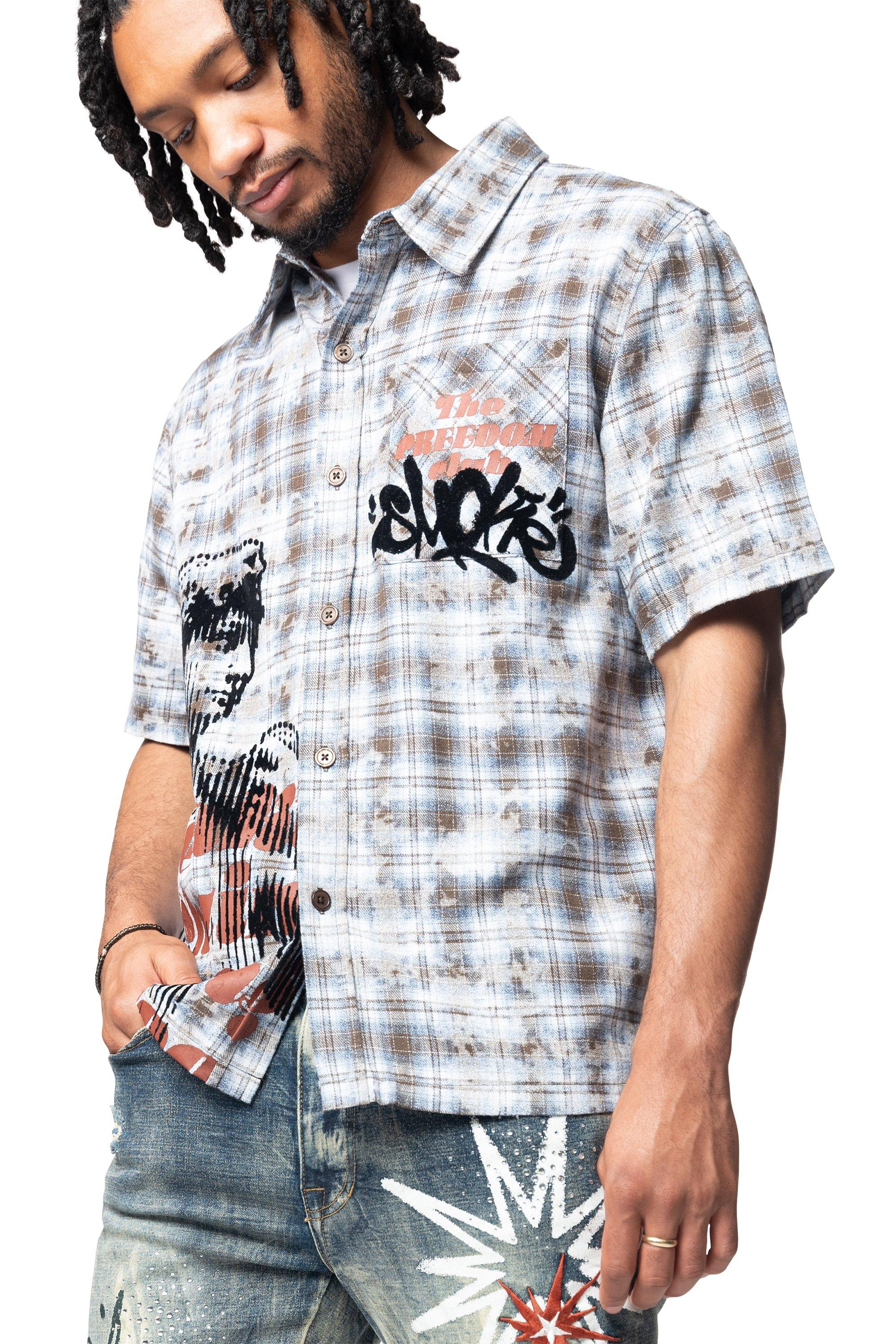 Smoke Rise Men's Plaid Distressed Graffiti Woven Shirt - BLUE Thumbnail View 3