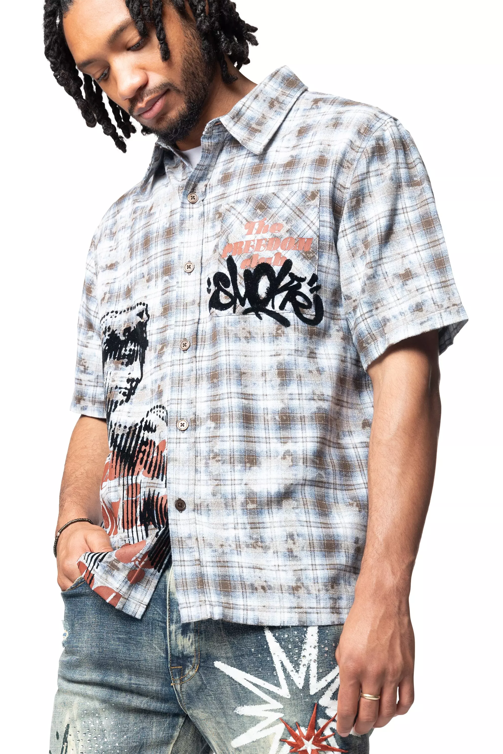 Smoke Rise Men's Plaid Distressed Graffiti Woven Shirt - BLUE