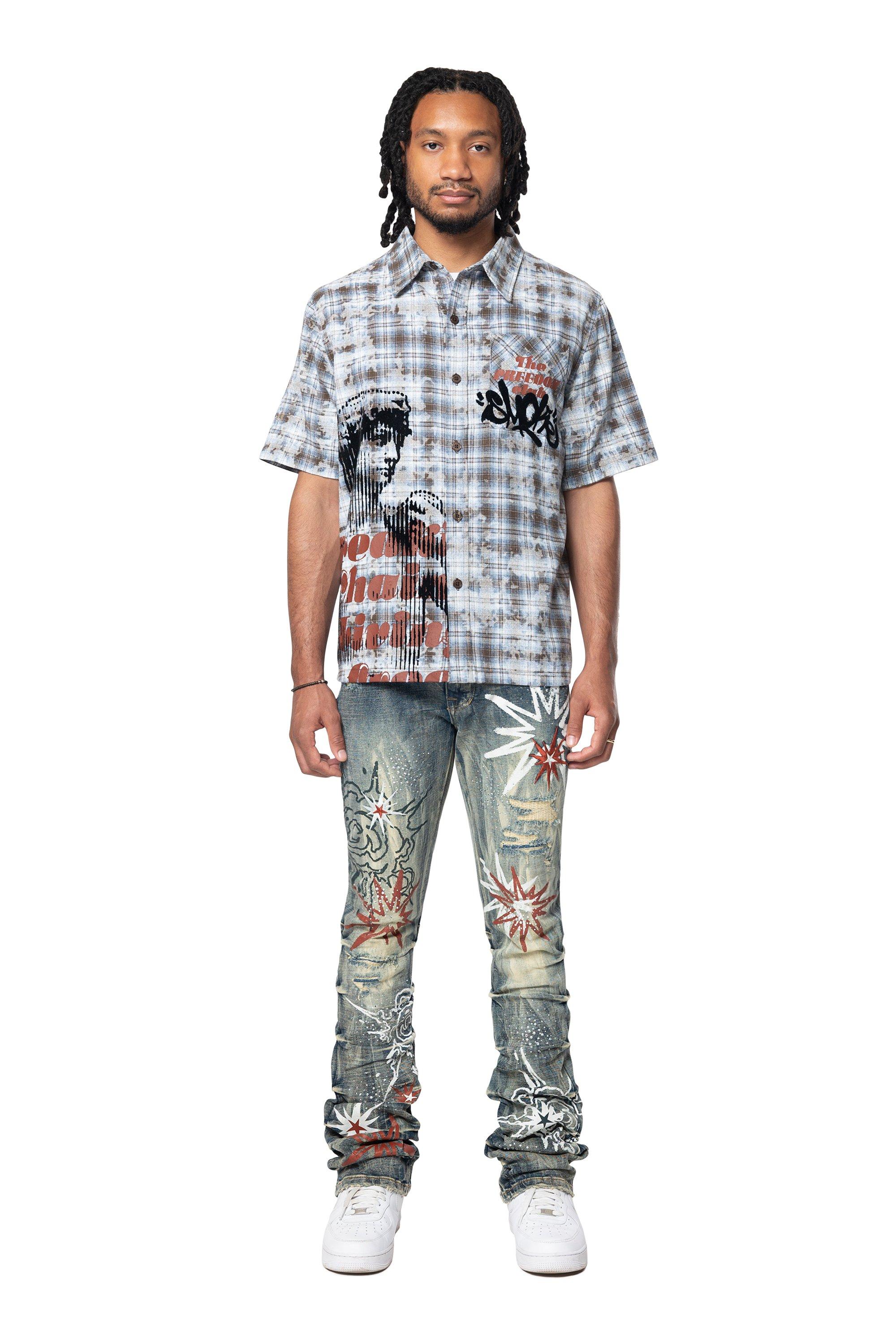 Smoke Rise Men's Plaid Distressed Graffiti Woven Shirt - BLUE Thumbnail View 4