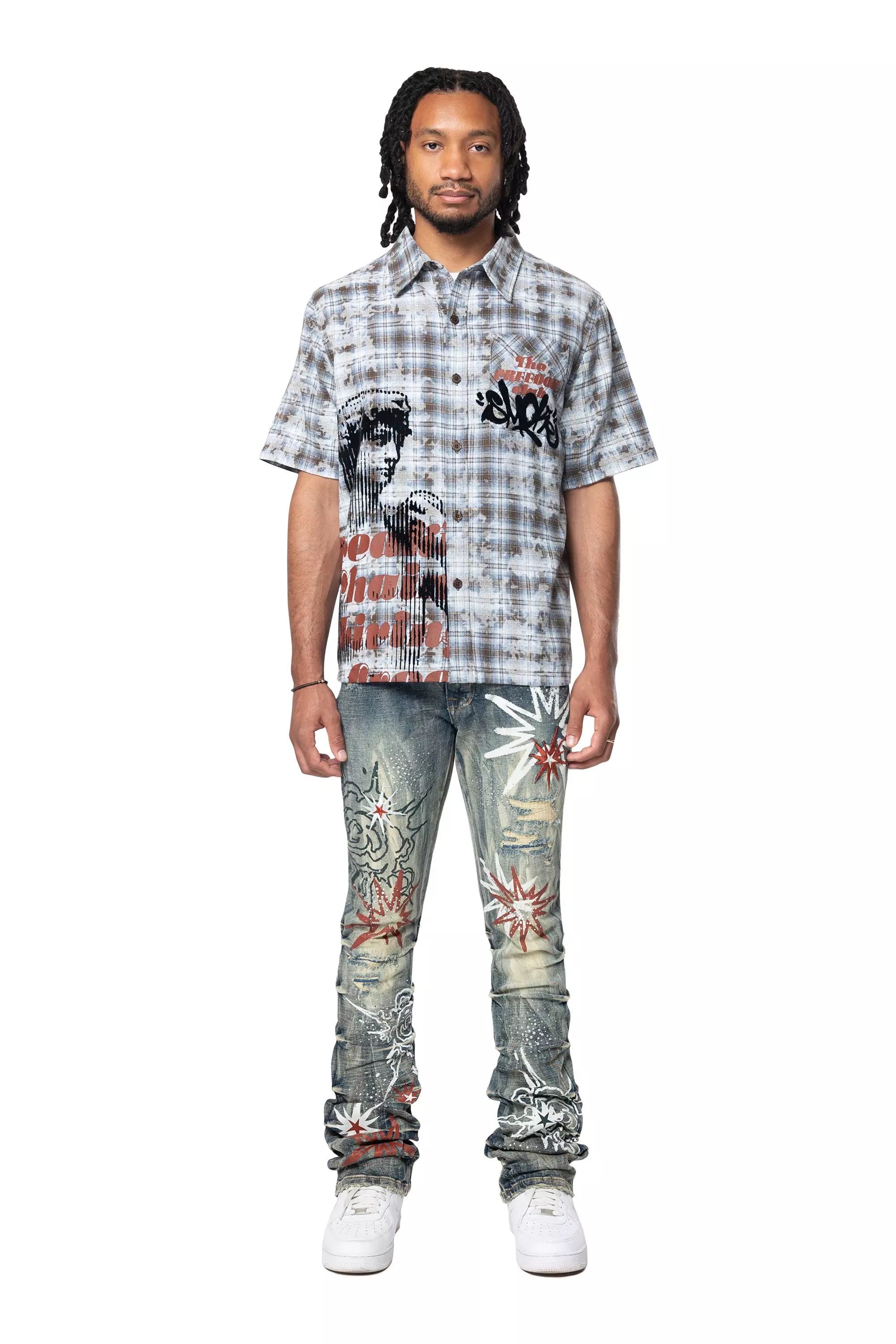 Smoke Rise Men's Plaid Distressed Graffiti Woven Shirt - BLUE
