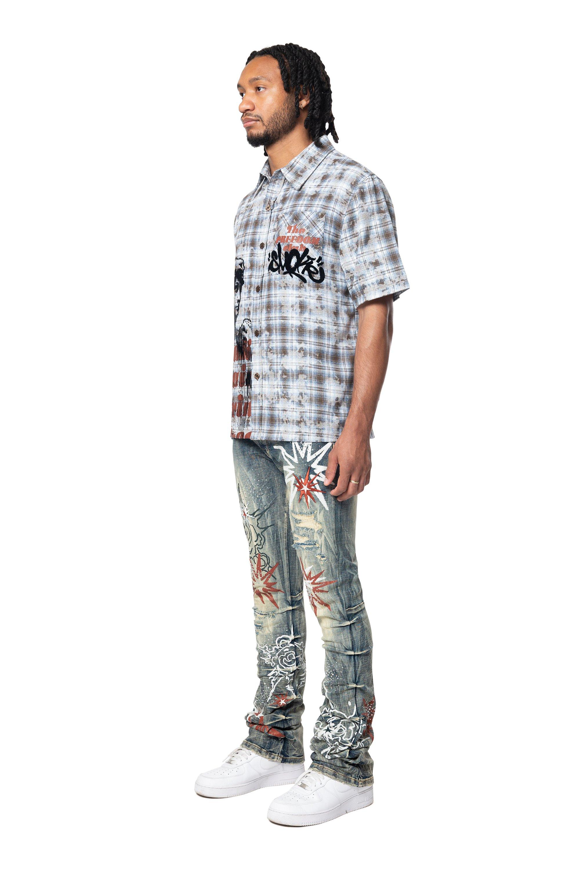 Smoke Rise Men's Plaid Distressed Graffiti Woven Shirt - BLUE Thumbnail View 5
