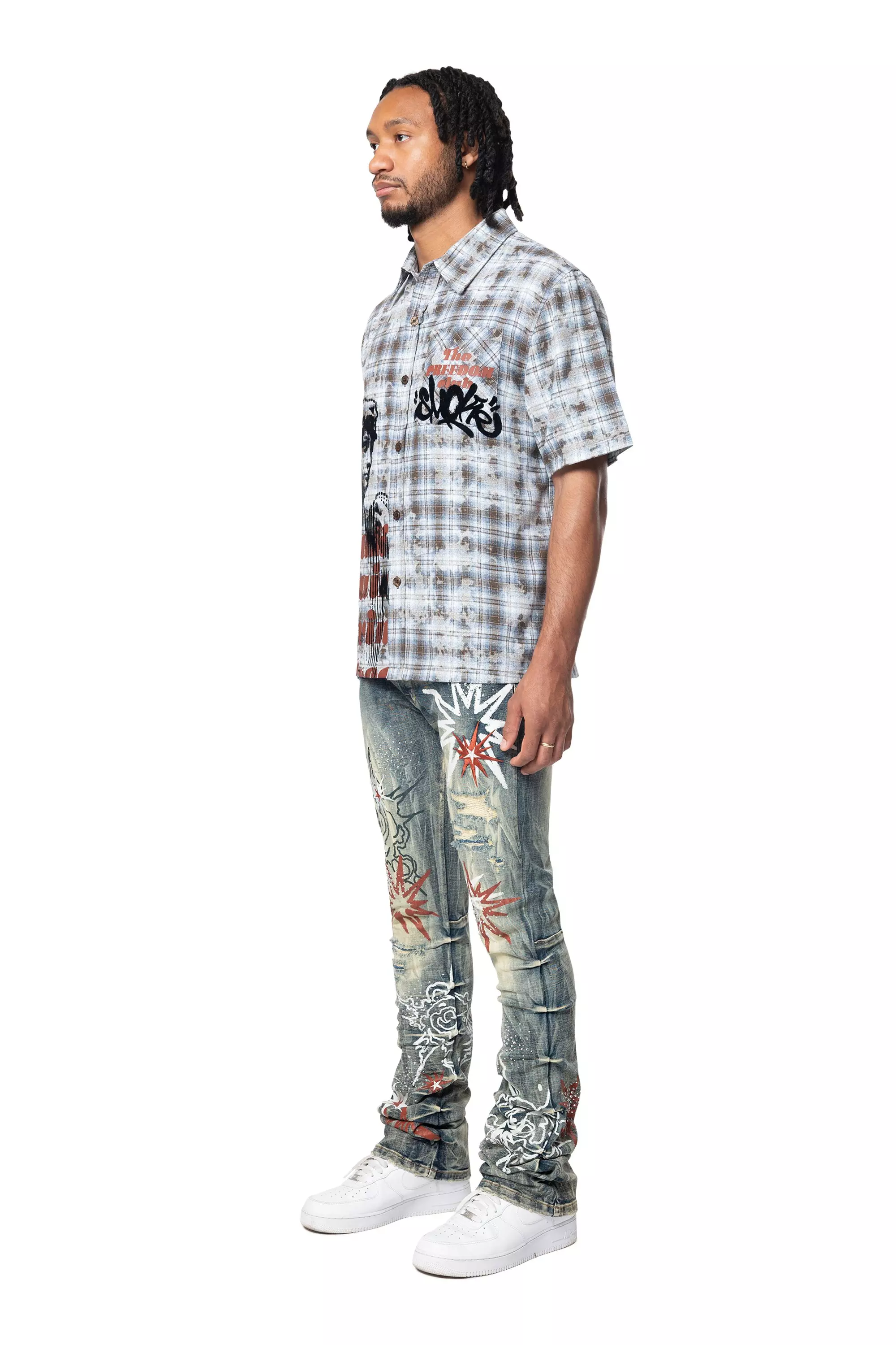 Smoke Rise Men's Plaid Distressed Graffiti Woven Shirt - BLUE