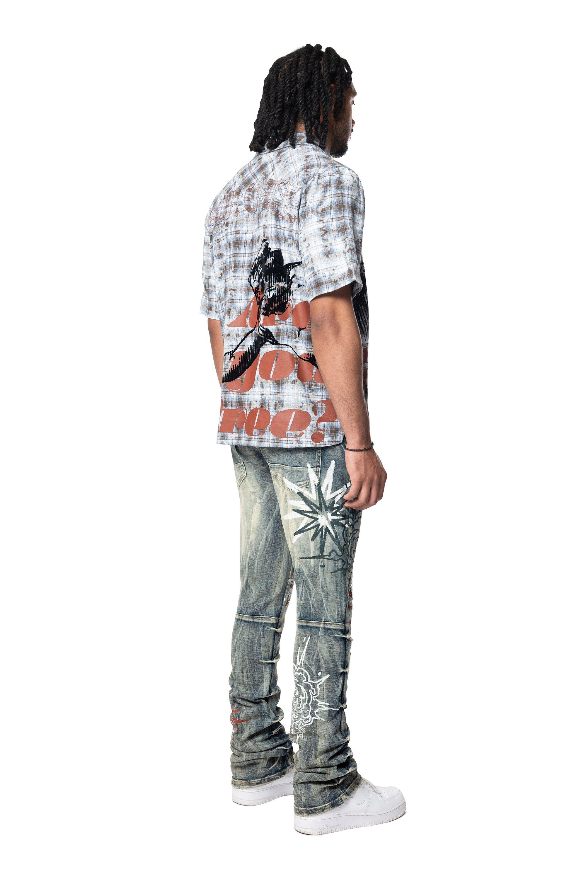 Smoke Rise Men's Plaid Distressed Graffiti Woven Shirt - BLUE Thumbnail View 6