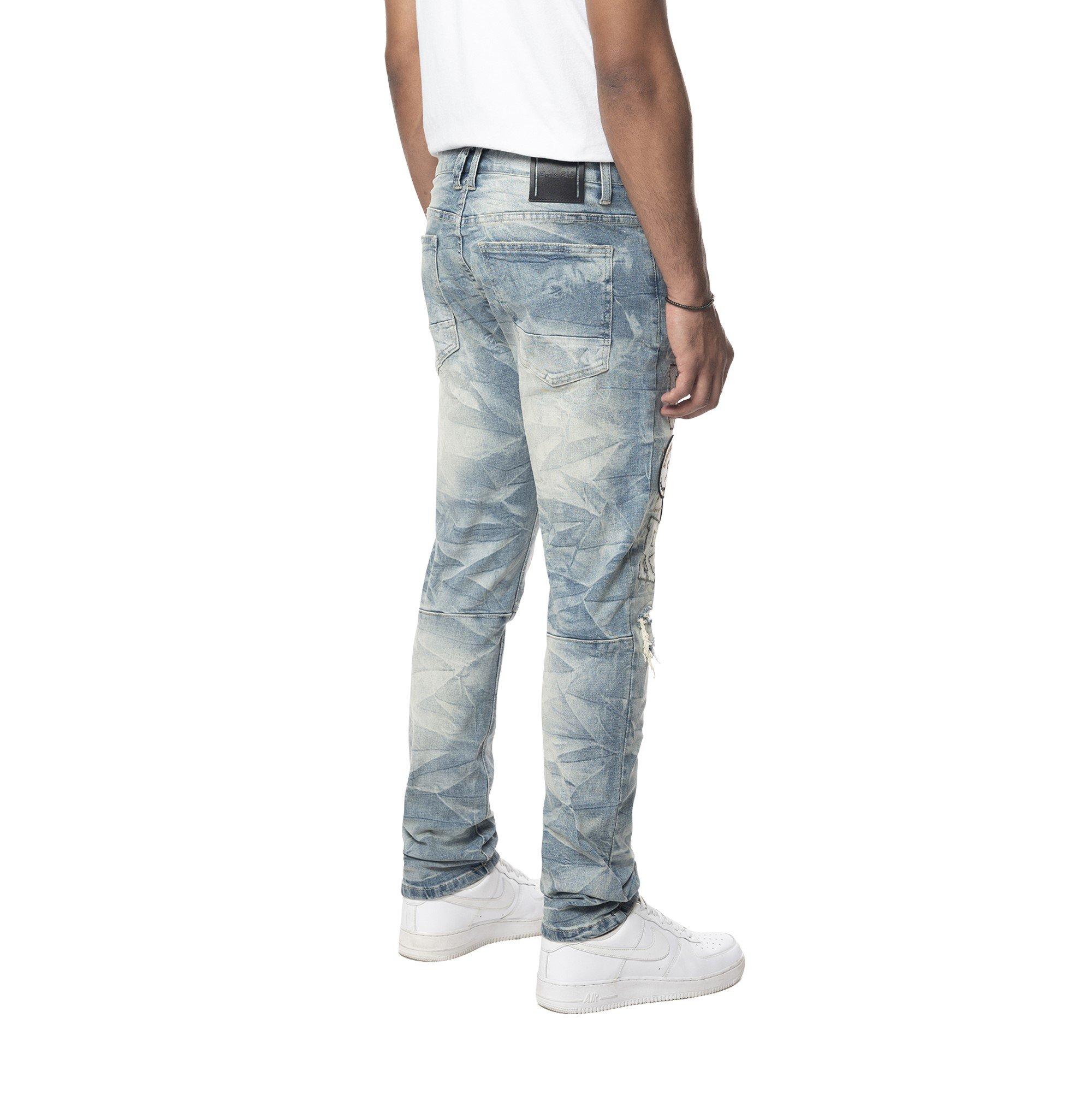 Smoke Rise Men's Slim Varsity Patch Denim Jeans - Clyde Blue - BLUE Thumbnail View 2