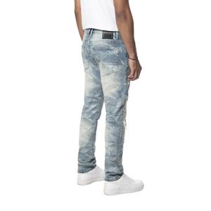 Smoke Rise Men's Slim Varsity Patch Denim Jeans - Clyde Blue