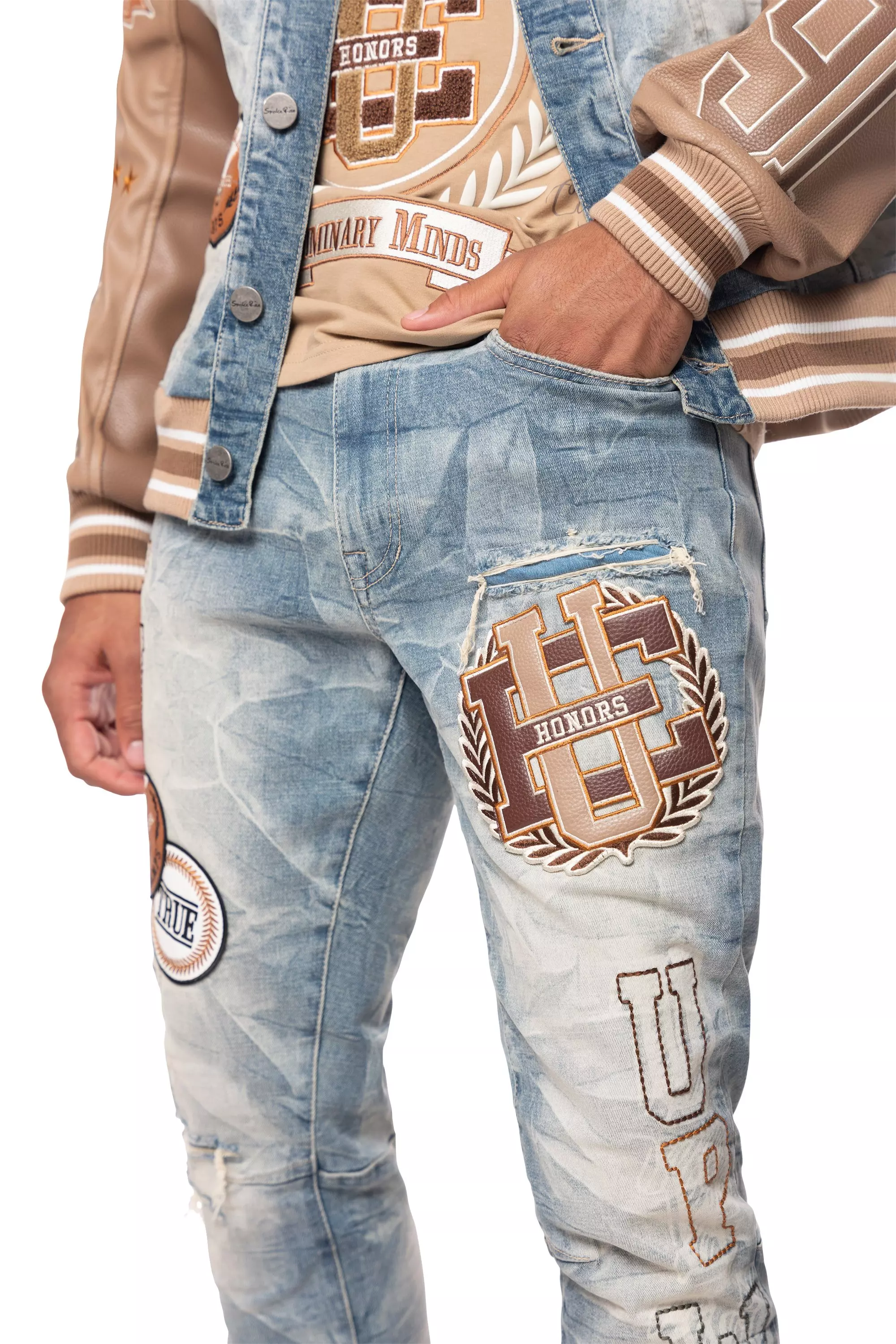 Smoke Rise Men's Slim Varsity Patch Denim Jeans - Clyde Blue - BLUE