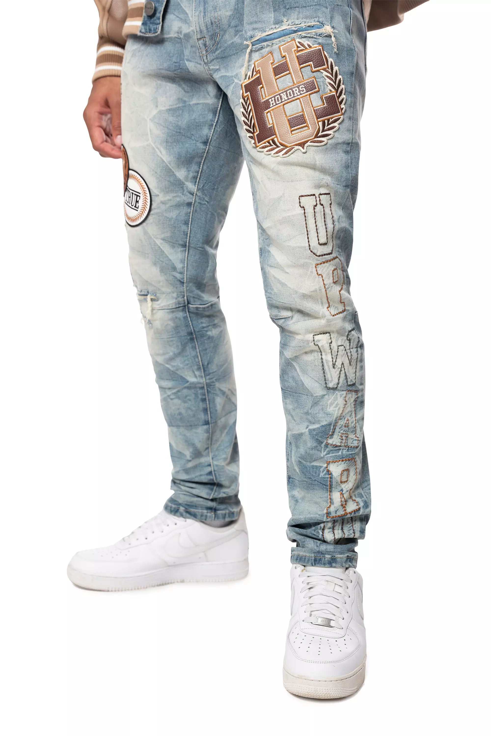 Smoke Rise Men's Slim Varsity Patch Denim Jeans - Clyde Blue - BLUE
