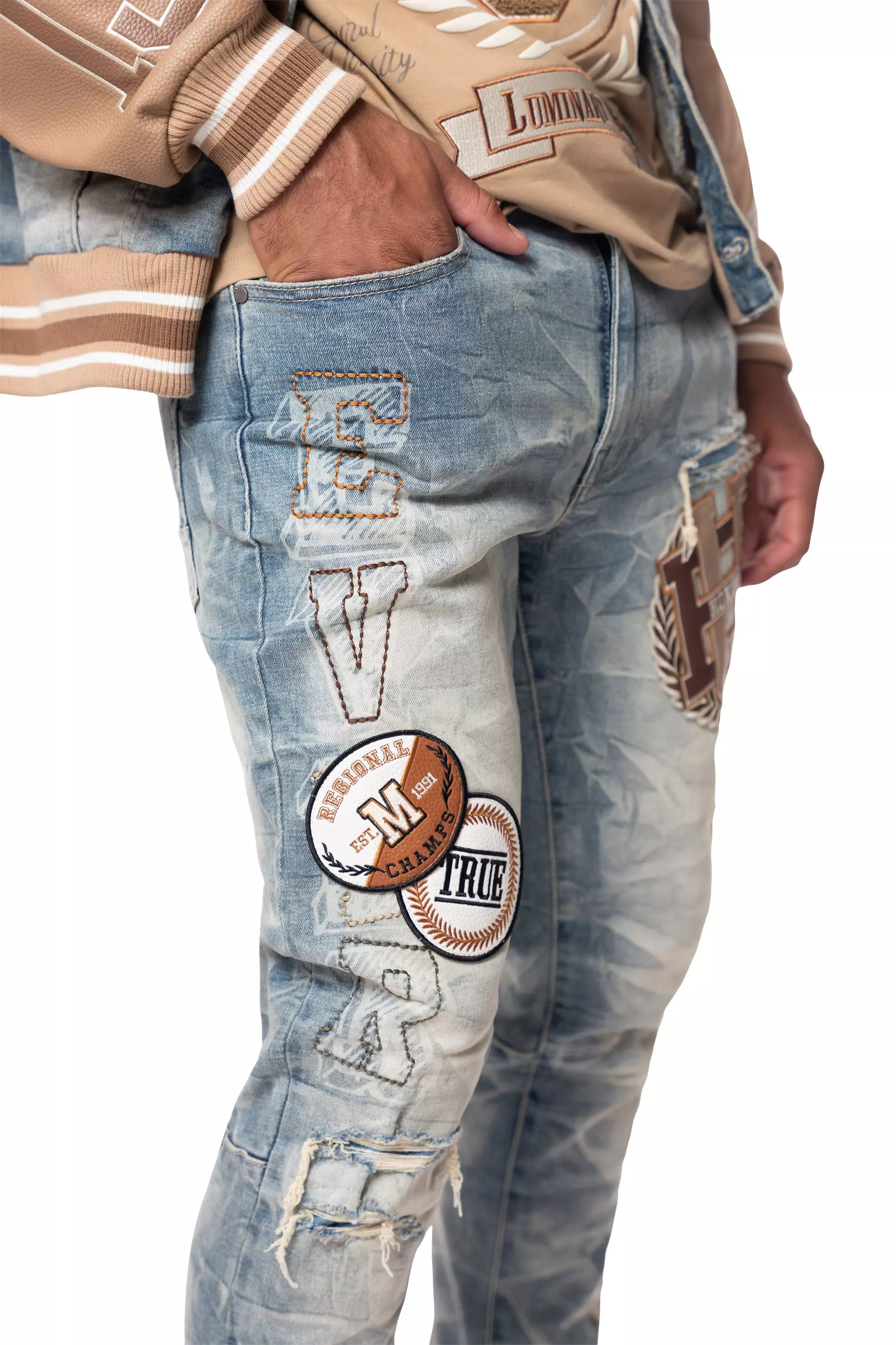 Smoke Rise Men's Slim Varsity Patch Denim Jeans - Clyde Blue - BLUE