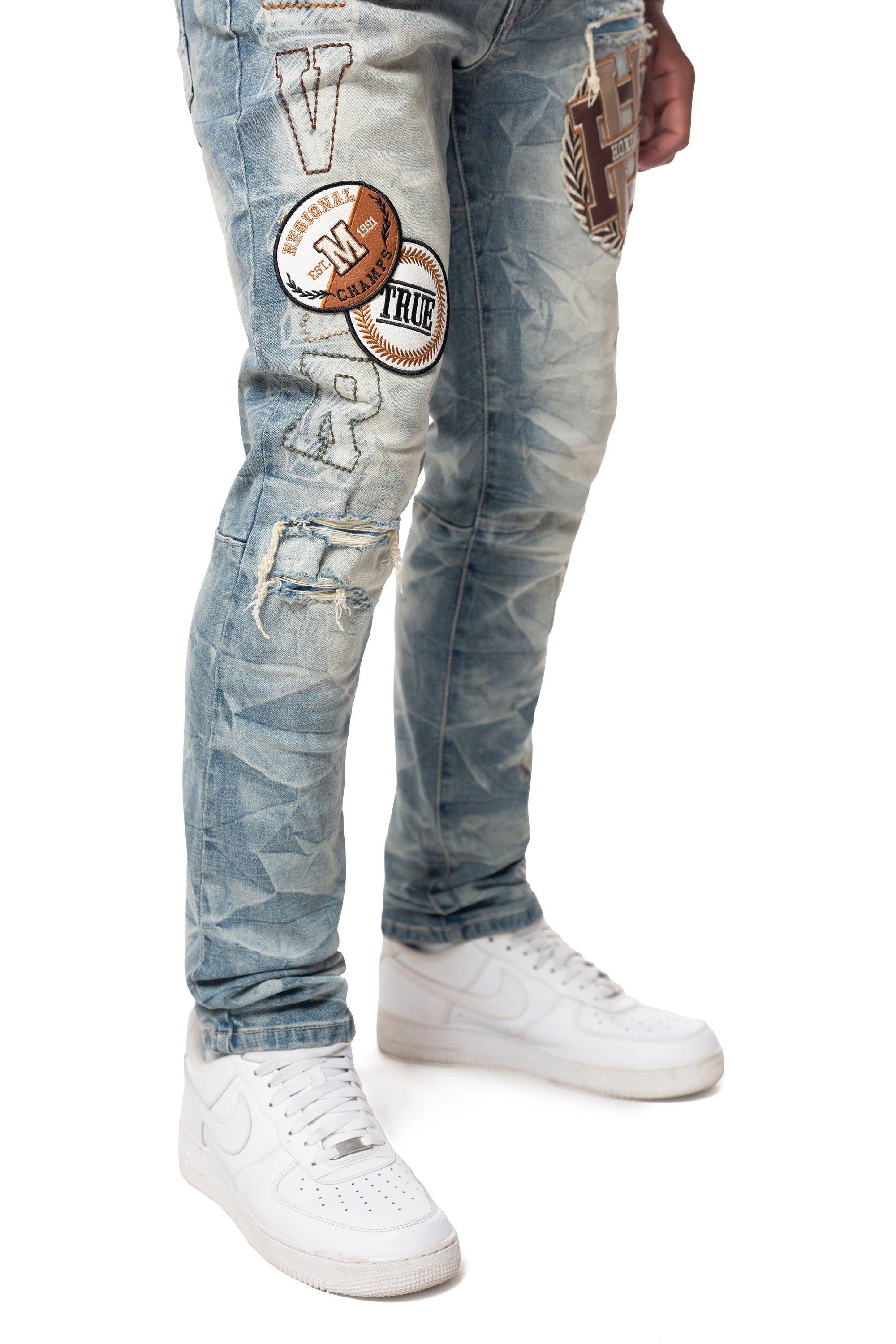 Smoke Rise Men's Slim Varsity Patch Denim Jeans - Clyde Blue - BLUE Thumbnail View 6