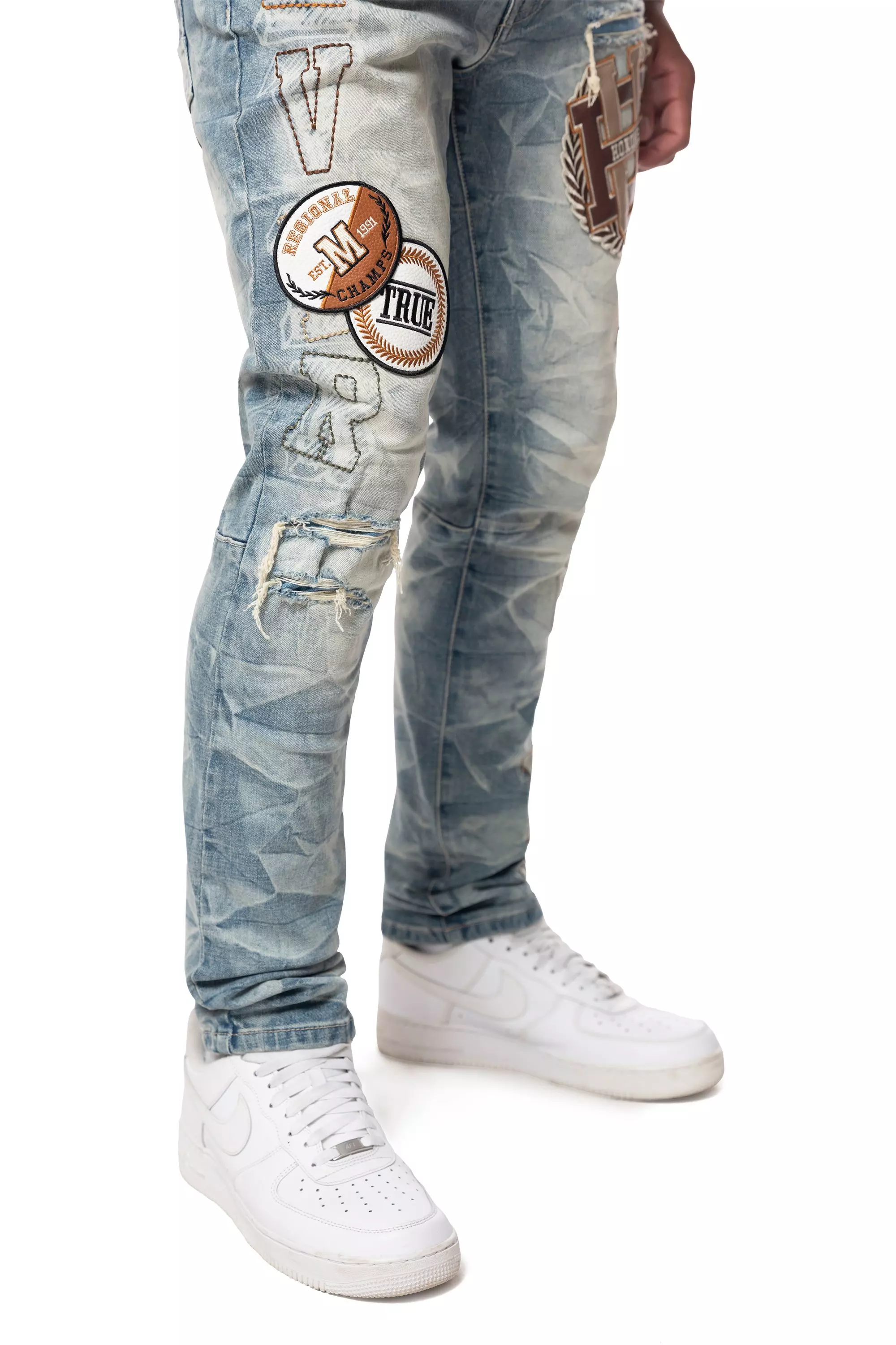 Smoke Rise Men's Slim Varsity Patch Denim Jeans - Clyde Blue - BLUE