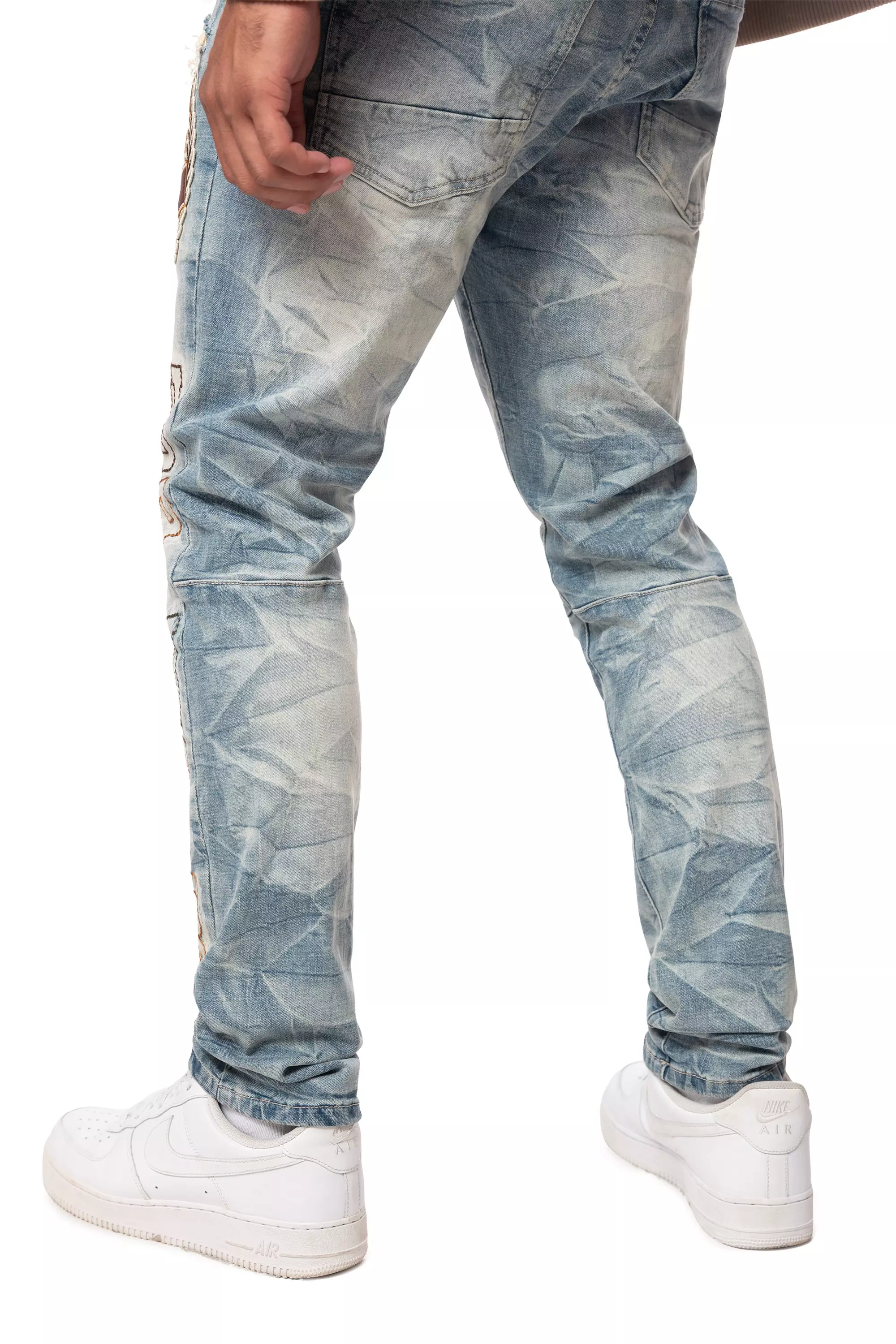 Smoke Rise Men's Slim Varsity Patch Denim Jeans - Clyde Blue - BLUE