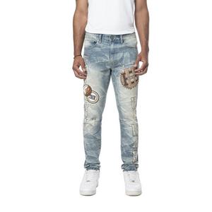 Smoke Rise Men's Slim Varsity Patch Denim Jeans - Clyde Blue