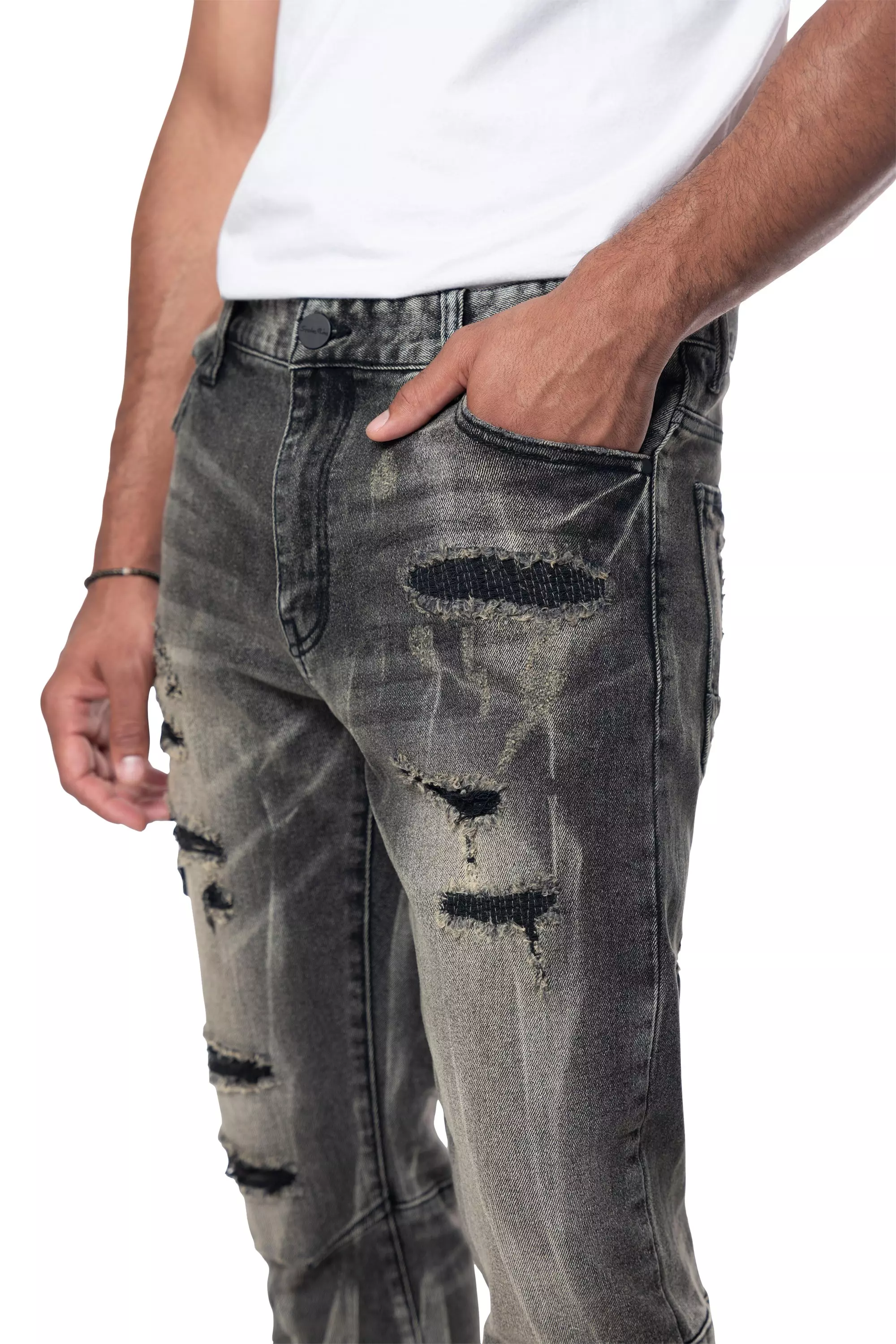 Smoke Rise Men's Dust Rip & Repair Lightning Jeans - Black - BLACK