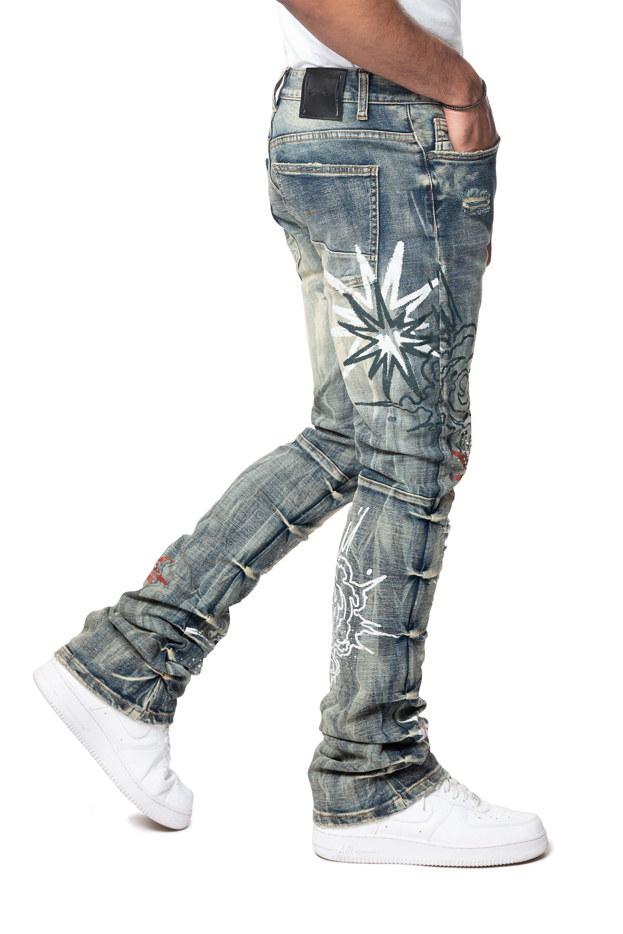 Smoke Rise Men's STK Flower Explosive Denim Jeans - Blue Toast - BLUE Thumbnail View 3