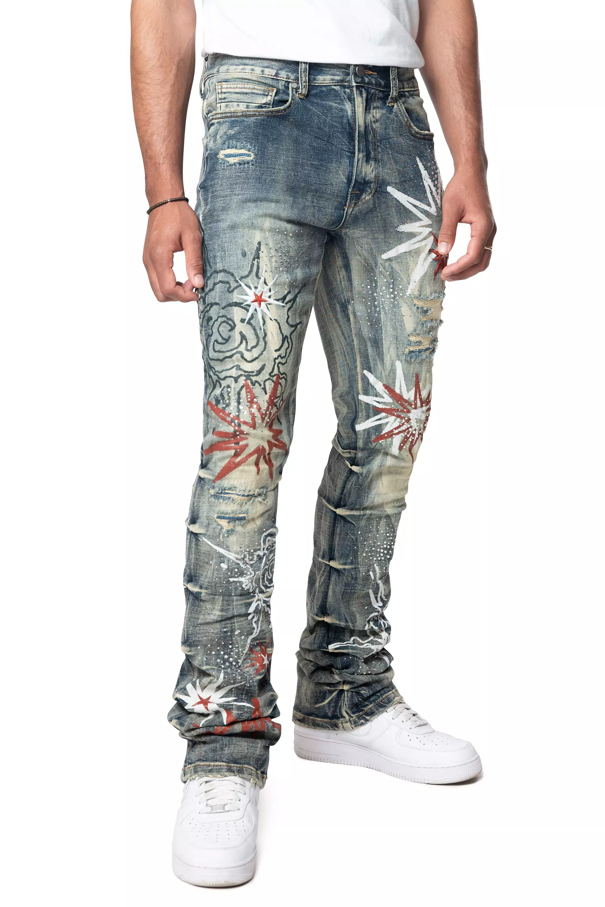 Smoke Rise Men's STK Flower Explosive Denim Jeans - Blue Toast - BLUE