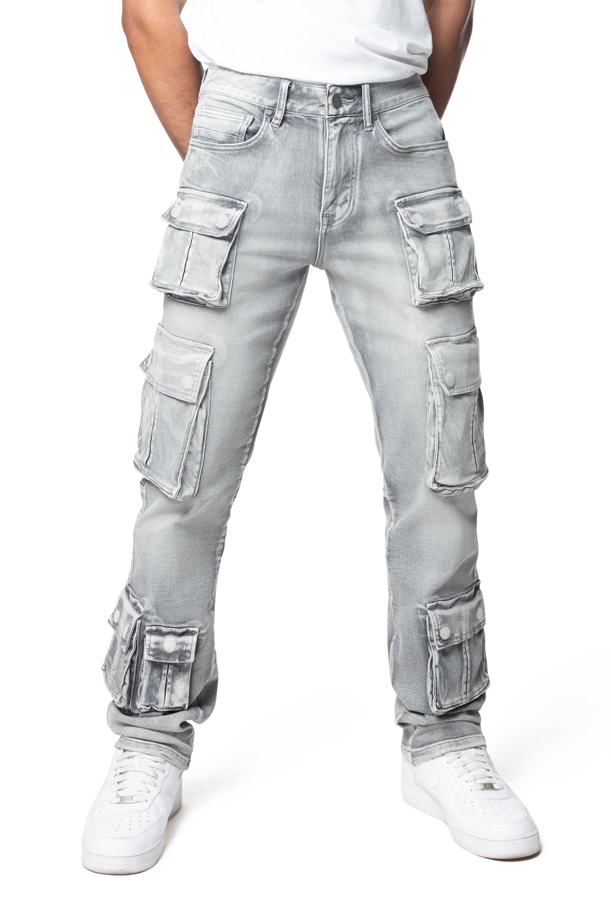 Smoke Rise Men's Straight Fit Cargo Denim Jeans - Union Grey - GREY Thumbnail View 1