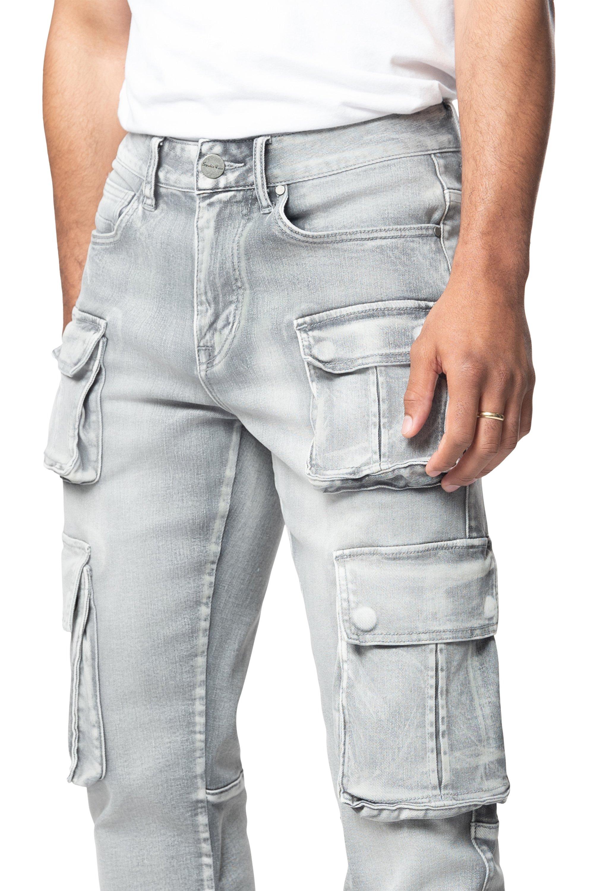 Smoke Rise Men's Straight Fit Cargo Denim Jeans - Union Grey - GREY Thumbnail View 3