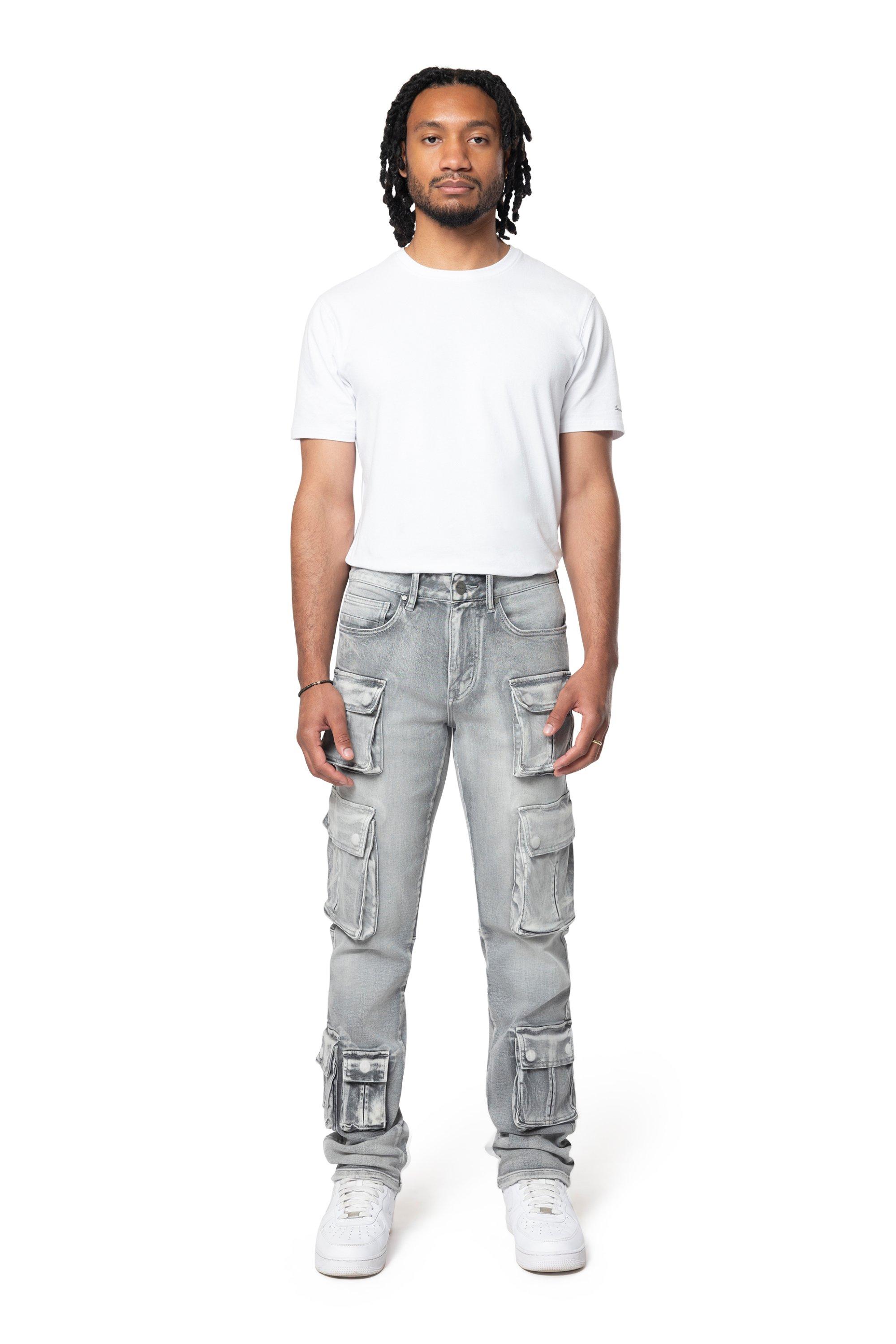 Smoke Rise Men's Straight Fit Cargo Denim Jeans - Union Grey - GREY Thumbnail View 4