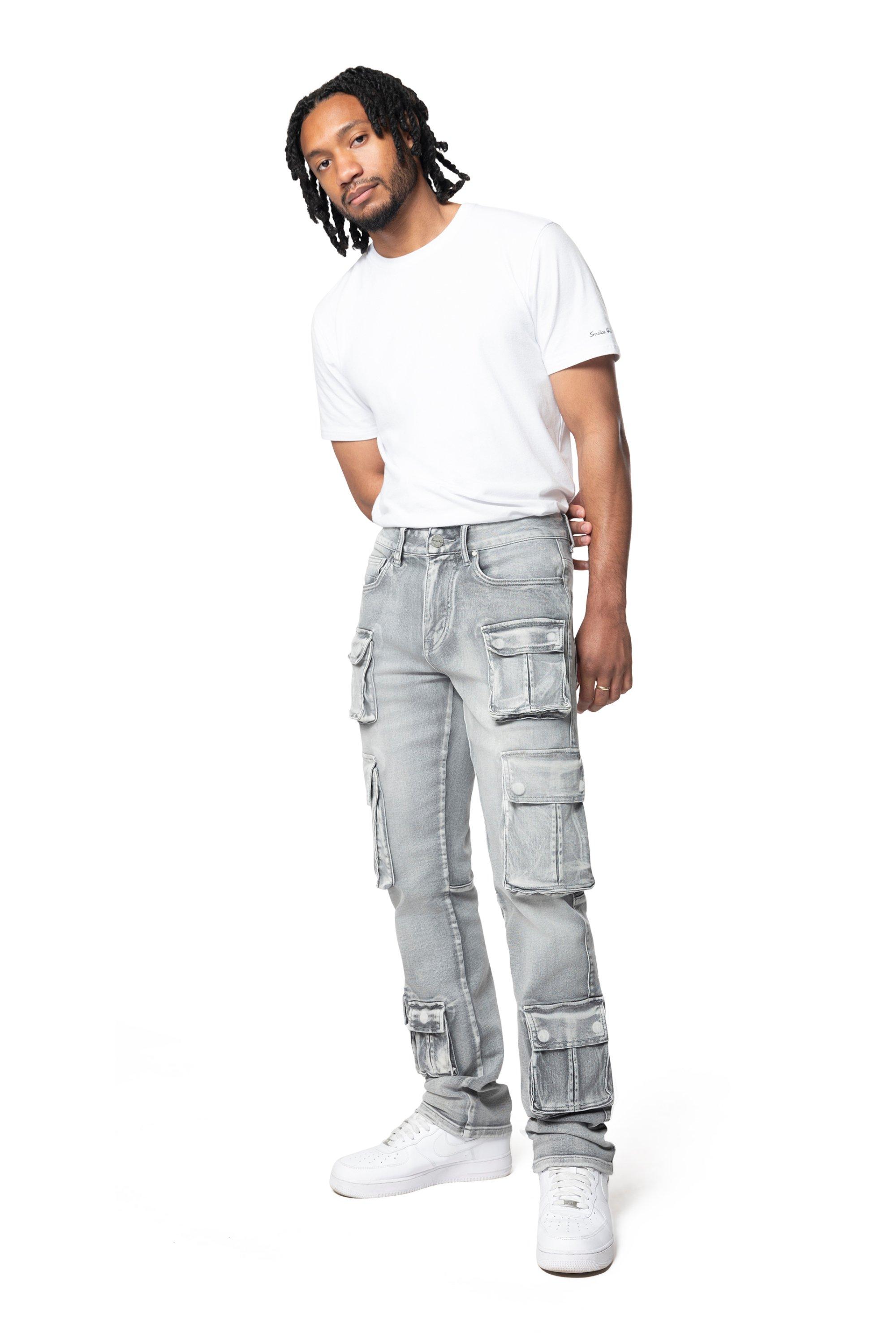 Smoke Rise Men's Straight Fit Cargo Denim Jeans - Union Grey - GREY Thumbnail View 6