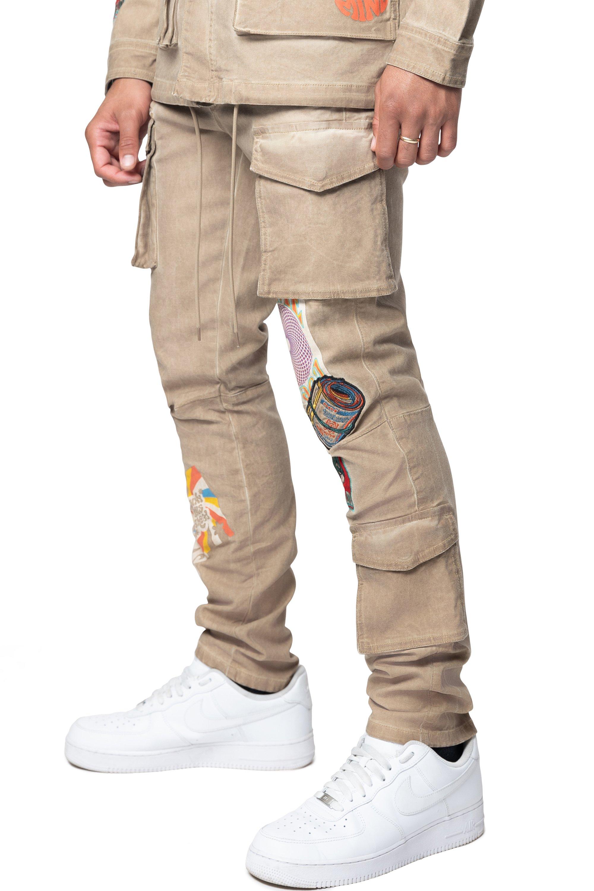 Smoke Rise Men's Slim Fit Groovy Doodle Cargo Pants - KHAKI Thumbnail View 1