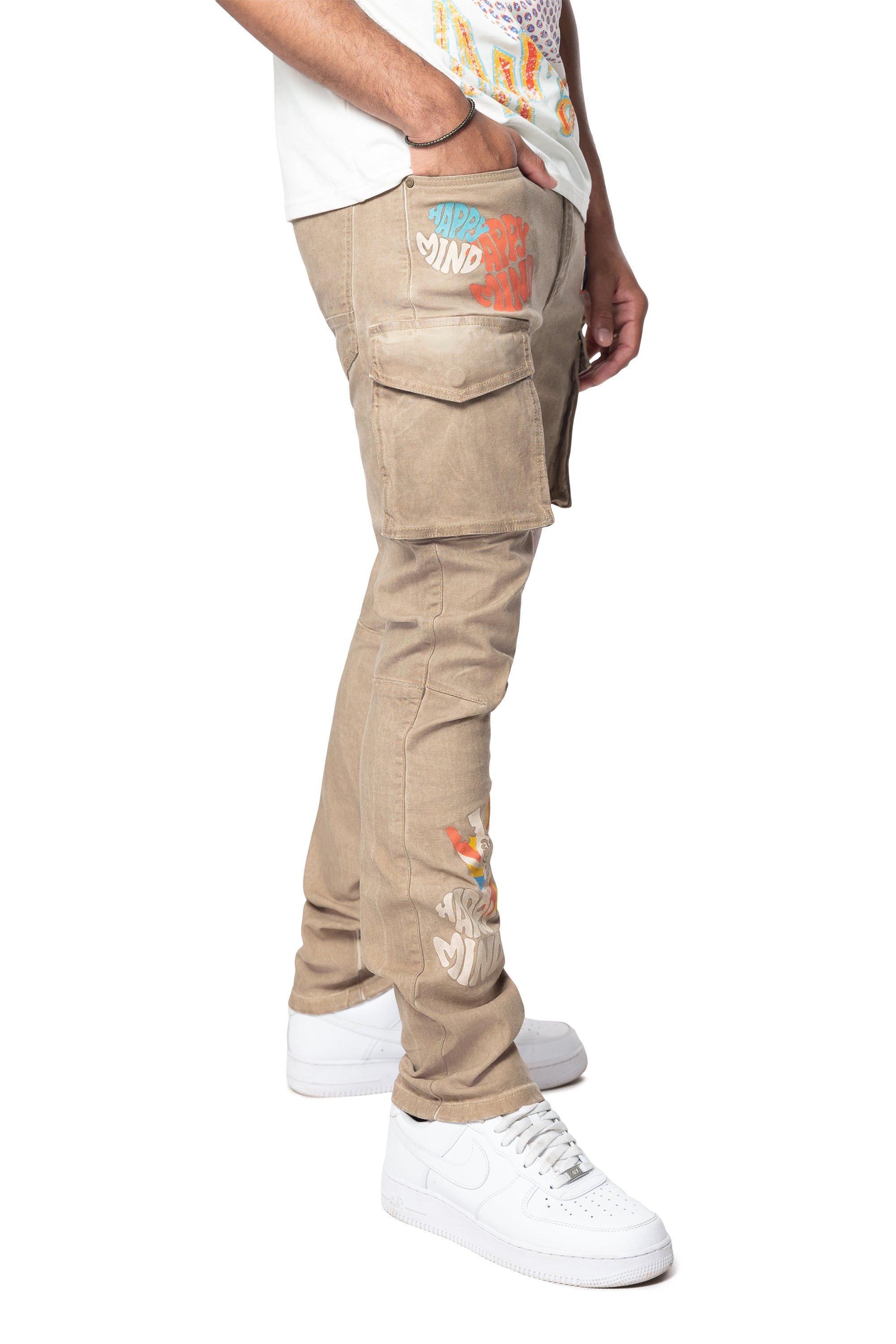 Smoke Rise Men's Slim Fit Groovy Doodle Cargo Pants - KHAKI Thumbnail View 2