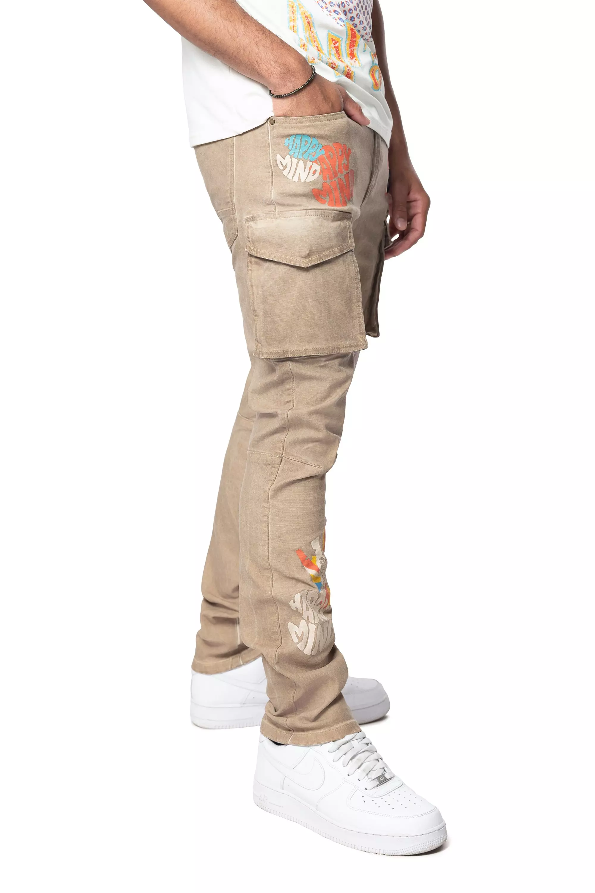 Smoke Rise Men's Slim Fit Groovy Doodle Cargo Pants - KHAKI
