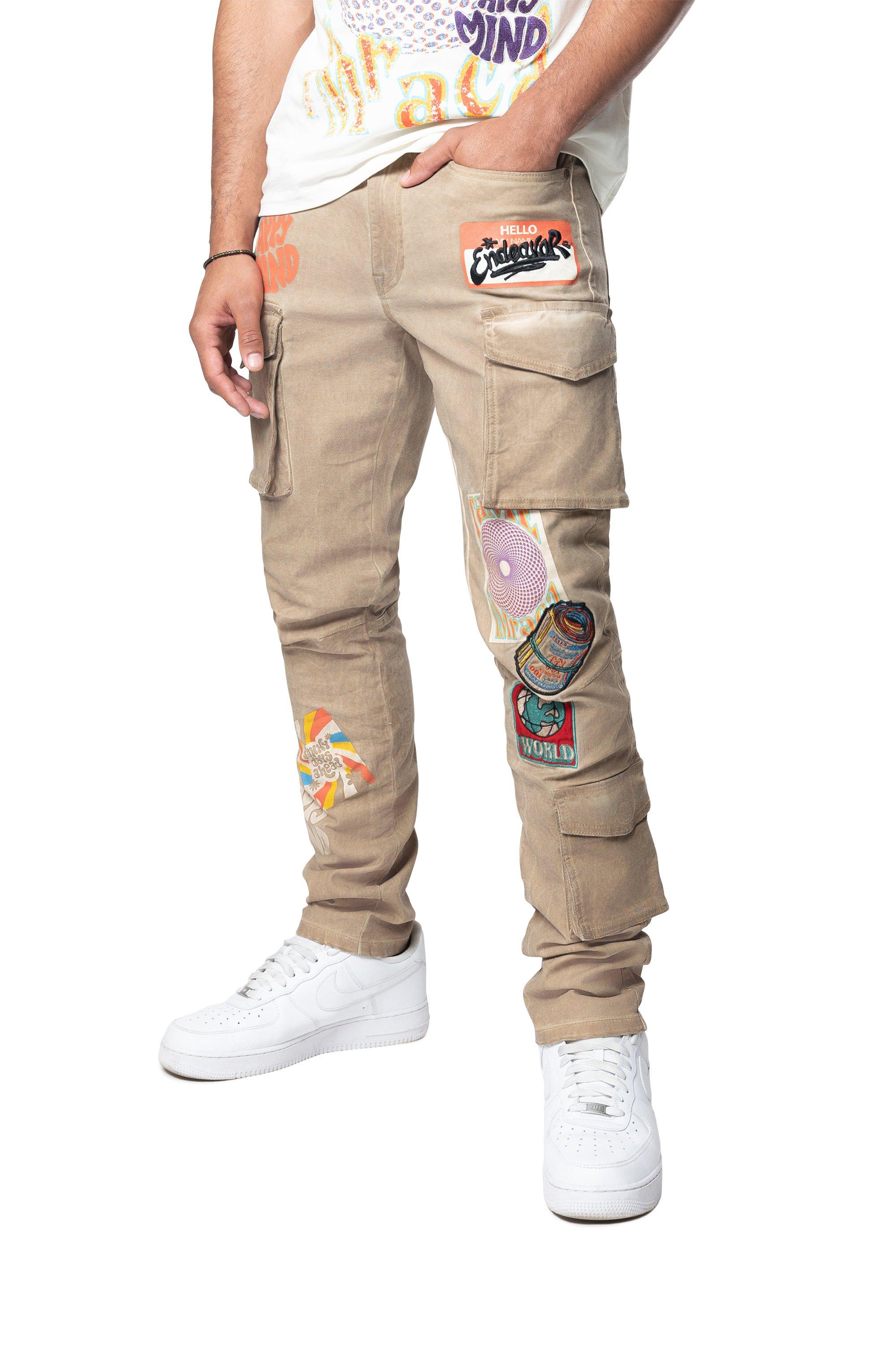 Smoke Rise Men's Slim Fit Groovy Doodle Cargo Pants - KHAKI Thumbnail View 3