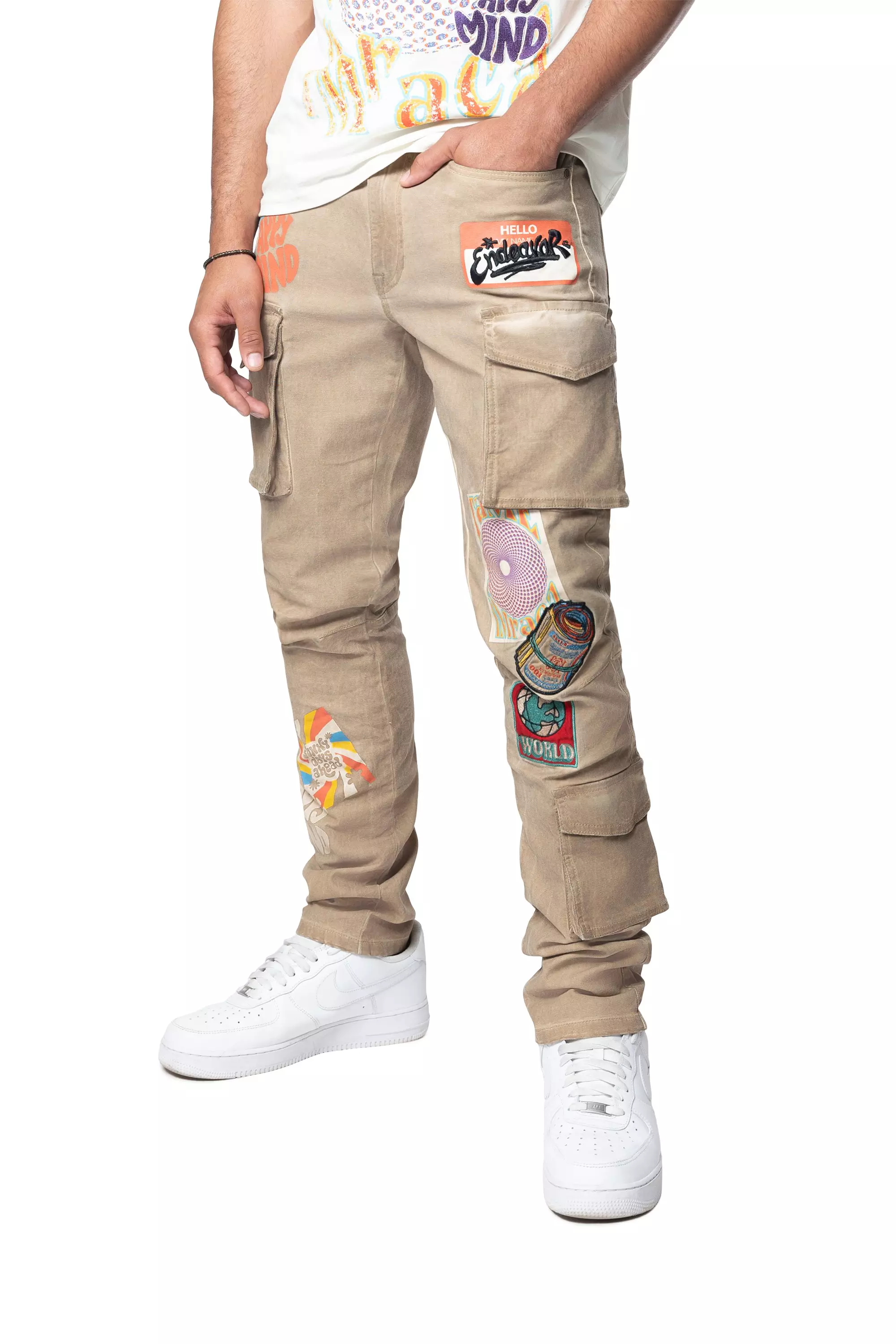 Smoke Rise Men's Slim Fit Groovy Doodle Cargo Pants - KHAKI
