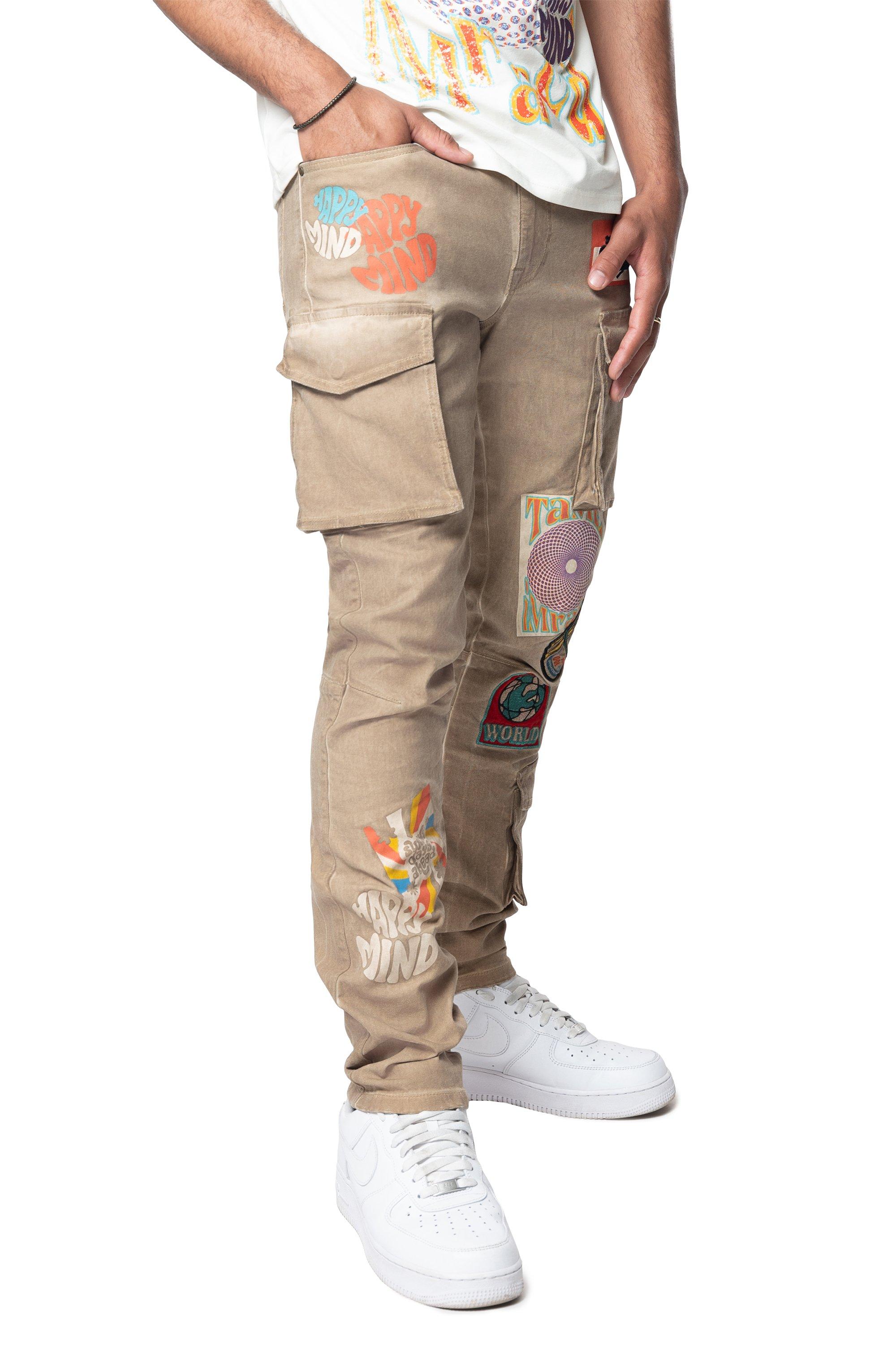 Smoke Rise Men's Slim Fit Groovy Doodle Cargo Pants - KHAKI Thumbnail View 4
