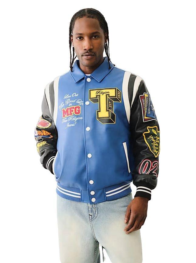 True Religion Men's Faux Leather Patch Embroidery Color Block Varsity Jacket - BLUE