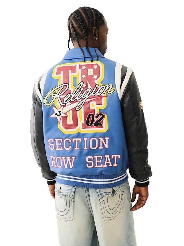 True Religion Faux Leather Patch Embroidery Color Block Varsity Men's Jacket