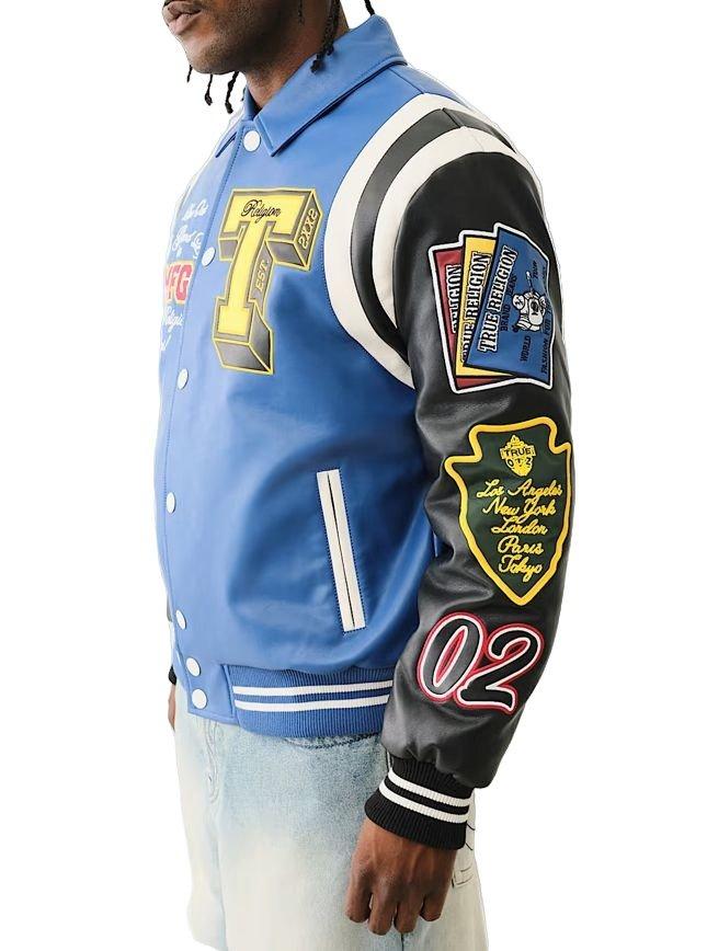 True Religion Faux Leather Patch Embroidery Color Block Varsity Men's Jacket