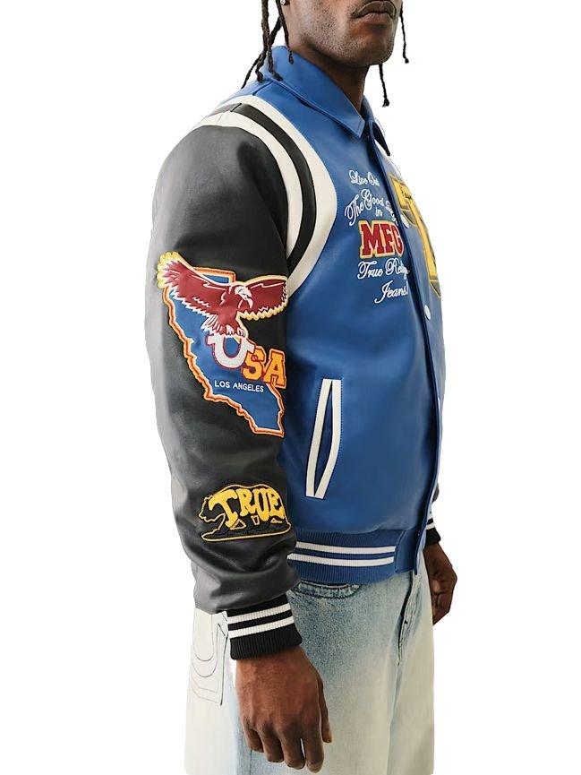 True Religion Faux Leather Patch Embroidery Color Block Varsity Men's Jacket