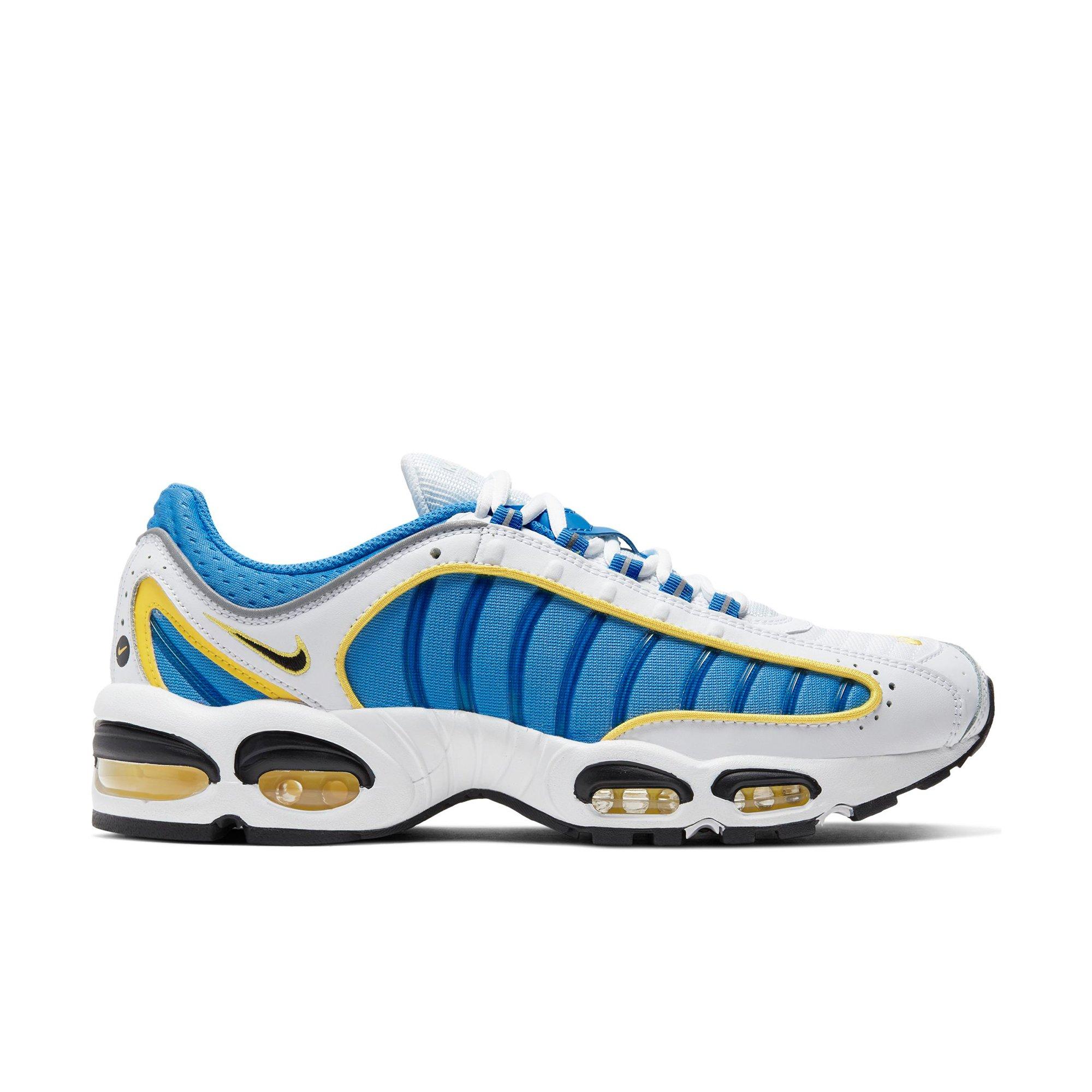 blue white and yellow nike shoes