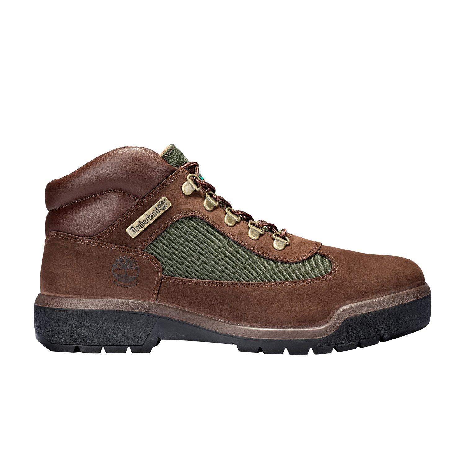 Brown and green timberland field outlet boots