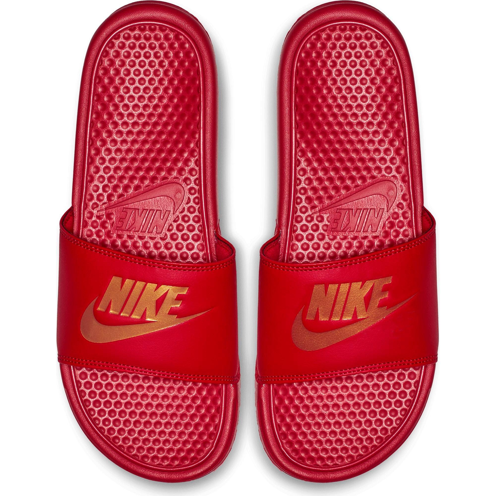 red nike slides gold swoosh